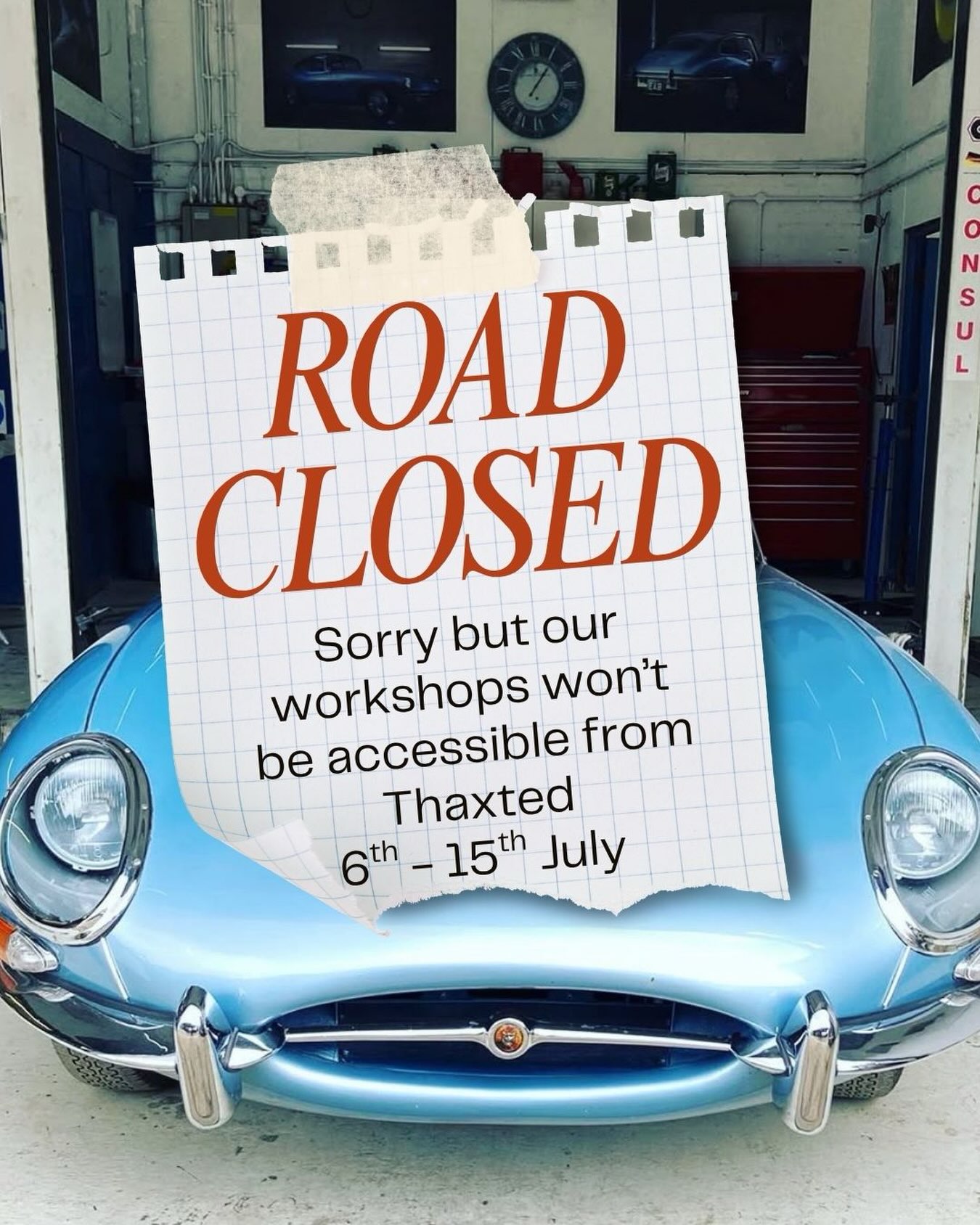 The road to our workshops is closed for the next few days. If you need to come please approach via Finchingfield/Sampford direction.
#RoadClosure #thaxted #classiccars
