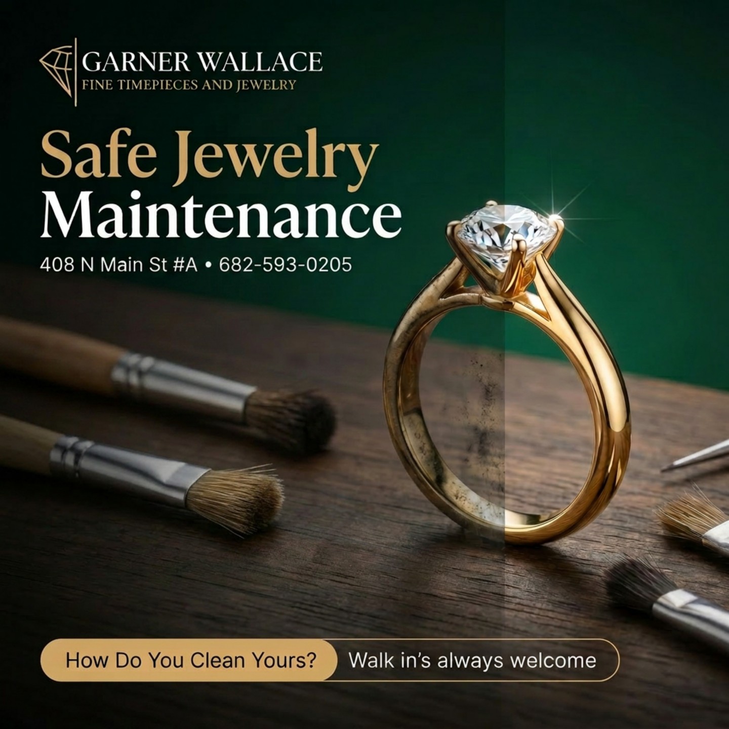 Over time, everyday lotions and oils build up on your jewelry, dulling its natural brilliance. While a soft cloth helps, professional cleaning is essential to remove stubborn residue from under your stones. More importantly, we use specialized tools to inspect your prongs for wear, ensuring your diamonds stay secure and protected. Don't risk losing a stone to loose settings! Bring your pieces to Garner Wallace for a professional refresh and safety check. We are located at 408 N Main Street, Suite A, Keller, TX. How do you clean yours? Call us at 682-593-0205.
#customjewelry #handmadejewelry #uniquejewelry #jewelrydesigner #personalizedjewelry #artisanjewelry #gemstonejewelry #gemstones #naturalgemstones #statementjewelry #fashionjewelry #finejewelry #watchrepair #watchmaker #luxurywatches #watchesofinstagram #horology #watchcollector #vintagewatch #rolex