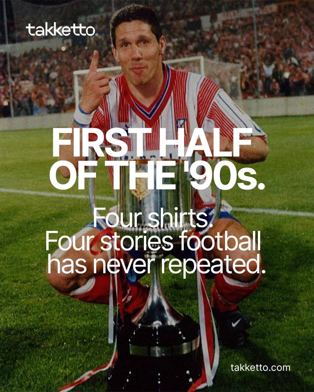First half of the ‘90s. Four shirts. Four stories football has never repeated.
Naples, 93/94. Maradona left two years ago. The city hasn’t processed the grief yet. In the dressing room there’s a 20-year-old kid named Fabio Cannavaro that nobody knows will become the best defender in the world. Napoli carries Voiello pasta on their chest and searches for a new identity after the god.
Bari, 92/95. Southern Italy in Serie A. A red and white chessboard shirt that asks no one for permission. Through that dressing room pass Igor Protti, David Platt, Amoruso, João Paulo. A club that goes up, comes down and goes back up because it carries the stubbornness of the Adriatic in its DNA.
Seville, 94/95. The best Betis in decades. The best defence in LaLiga. Only 25 goals conceded in 38 games. Third place. Europe. INCECOSA across the chest in the derby. A season the Betis fans of that generation haven’t forgotten.
Madrid, 95/96. Simeone lifts the Copa del Rey. Atlético has just completed the Liga-Copa double with MARBELLA stitched on the shirt. El Cholo is 25 years old and already carries the world on his shoulders.
Four fabrics. Four moments. An era documented in the Takketto monographs.
→ takketto.com