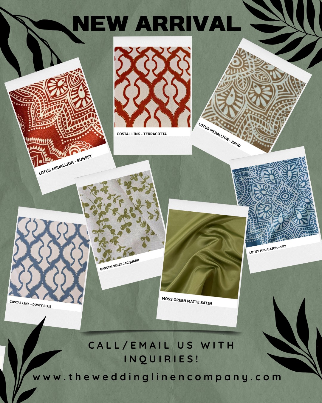 Discover our latest arrivals at The Wedding Linen Company! 🌿 From elegant Lotus Medallions to the chic Moss Green Matte Satin, we have the perfect linens to elevate your special day. 💍✨
Explore more at www.theweddinglinencompany.com and reach out with any inquiries! #oahuwedding#hawaiiwedding#luxuryweddinghawaii#linenshawaii