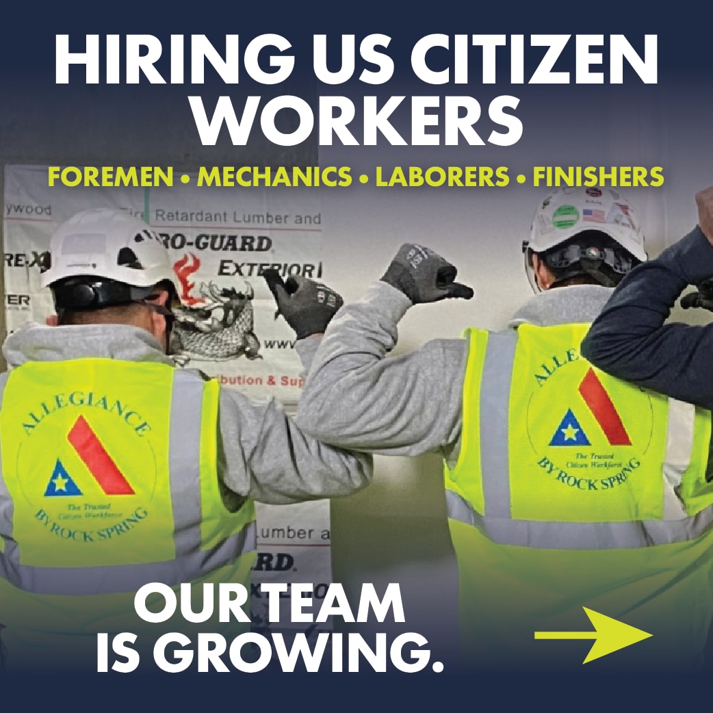 We're growing and we want YOU on the team.
Allegiance by Rock Spring is hiring US Citizen Workers across multiple trades:
Foremen | Mechanics | Laborers | Finishers
What we offer:
Competitive pay - earn more with Rock Spring
Free health care for you and your family
A team that has your back on every job site
Ready to build something great? Apply today! LINK IN BIO.
Don't meet the citizenship requirement for these roles? We'd still love to hear from you — feel free to apply to our other open positions, many of which have no such requirement.
*Rock Spring is an Equal Opportunity Employer. The U.S. citizenship requirement for these specific positions is based on a bona fide occupational requirement and is applied in compliance with anti-discrimination laws. It is not intended to discriminate on the basis of national origin or citizenship status beyond what those obligations require. Other open positions are available to all work-authorized individuals without regard to citizenship status.*
#NowHiring #ConstructionJobs #AllegianceByRockSpring #RockSpringContracting #HiringNow #ConstructionCareers #BuildWithUs #TrustedCitizenWorkforce #TradeJobs #JoinOurTeam