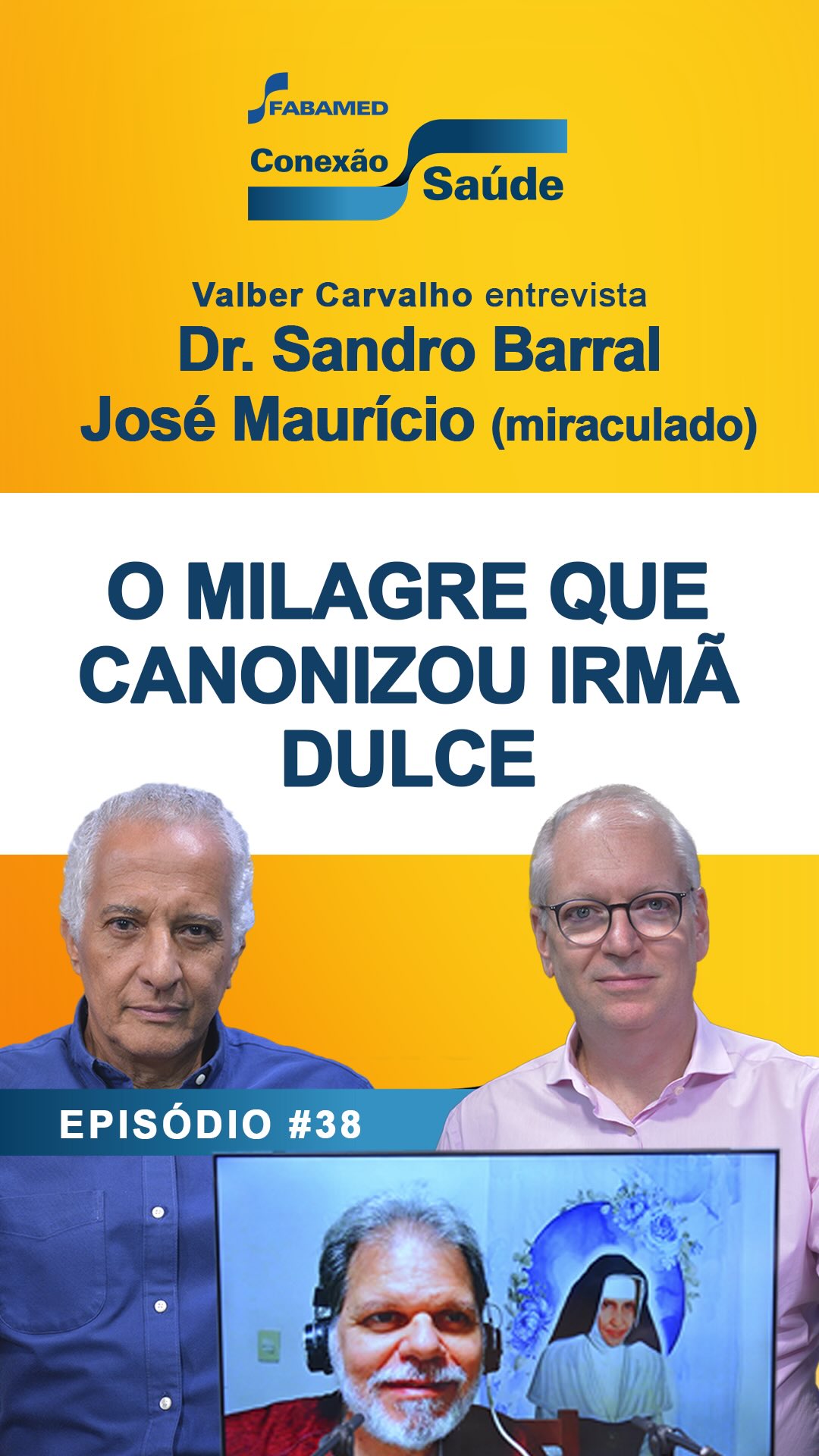 Este é um trecho do episódio #38 do Conexão Saúde, onde Valber recebe o Dr. Sandro Barral, médico perito da causa de canonização de Santa Dulce dos Pobres, e José Maurício, o homem cujo milagre levou a Santa baiana aos altares.
Quer conhecer a história emocionante do segundo milagre de Irmã Dulce?
📌 Assista e entenda sobre:
- O relato da cura
- A ciência diante do milagre
- Investigação do Vaticano
Episódio completo disponível no YouTube.
Inscreva-se no canal e acompanhe novos episódios do Conexão Saúde, toda semana.