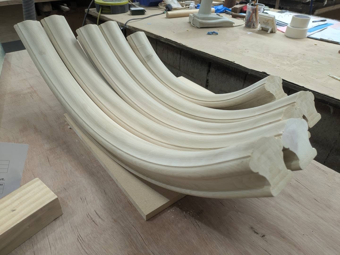 Small batch of 90° #upwards #curved #handrails in #tulipwood #woodworking