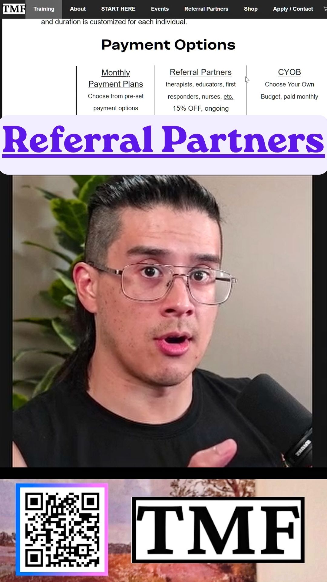 Referral Partners
TMF partners with other trusted providers to ensure you get the support you need.
TMF referral partners (Therapists, educators, first responders, etc.) receive a 15% discount. See website for details.
www.ThoughtfulMoveFit.com