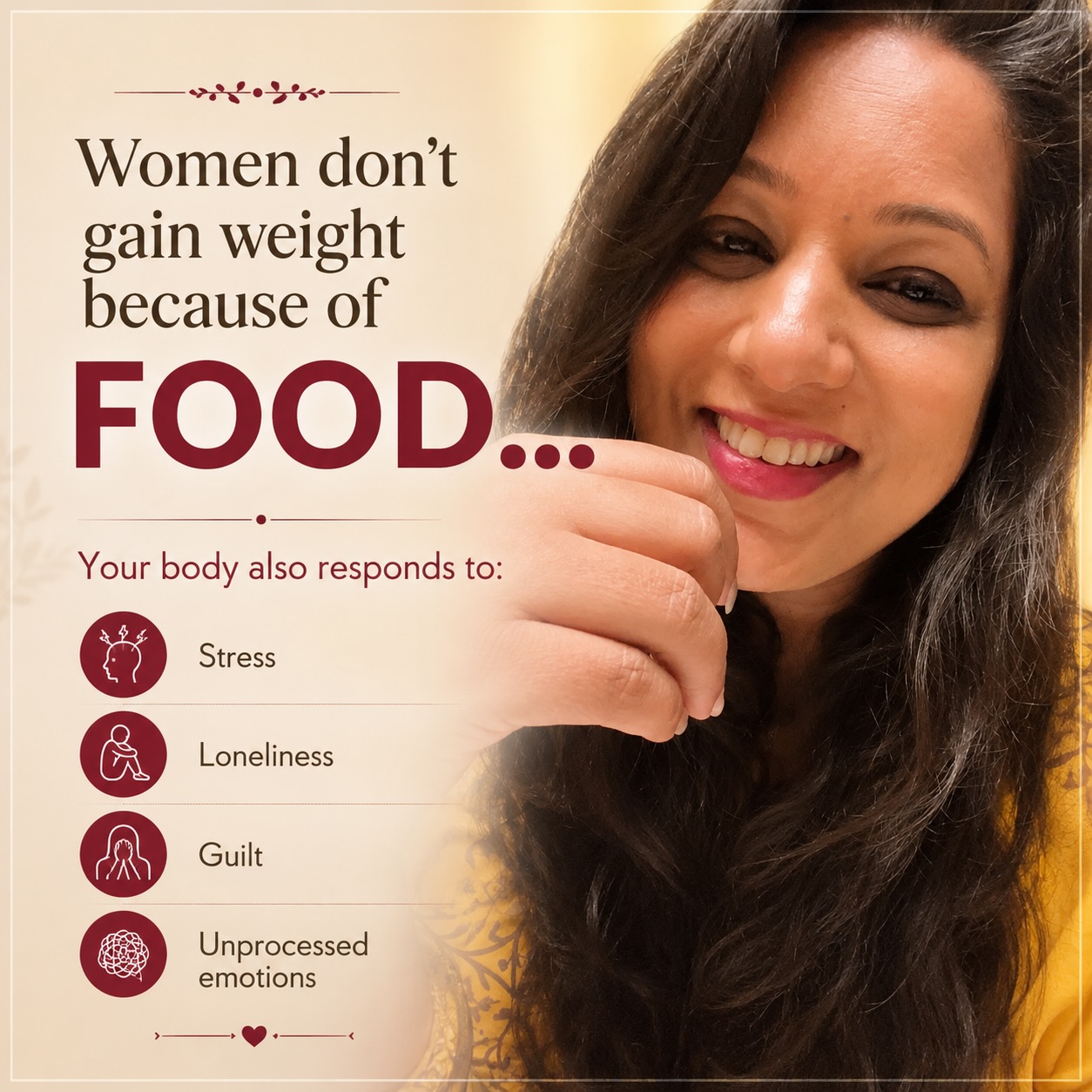Women’s Don’t gain weight because of food
She wasn’t eating too much.
She was carrying too much.
Years of putting everyone first.
Smiling through the pain.
Swallowing emotions.
Living with stress, guilt, loneliness, and silent battles no one could see.
And her body did what it was designed to do…
It protected her.
Sometimes, the weight you’re trying so hard to lose isn’t just stored in fat.
It’s stored in your nervous system, your hormones, and the emotions you’ve never had the space to release.
Stop blaming yourself.
Your body isn’t working against you.
It’s asking you to heal.
❤️ Heal your body.
❤️ Heal your hormones.
❤️ Heal your emotions.
That’s when lasting weight loss begins.
Comment “RESET” and to explore the missing part in your weightloss journey.