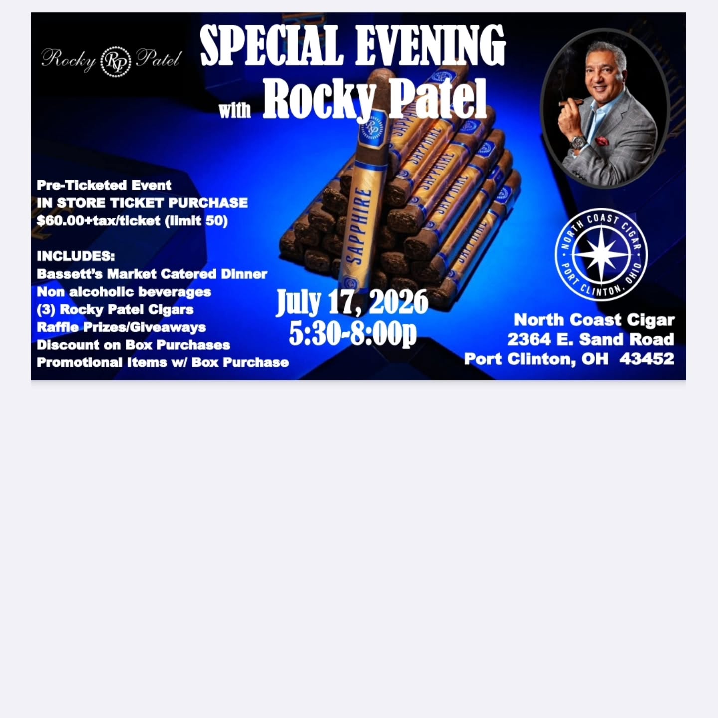 Meet the man himself in person here at North Coast Cigar. @rockypatelcigar . Limited spaces available. Call or sop in to reserve your spot