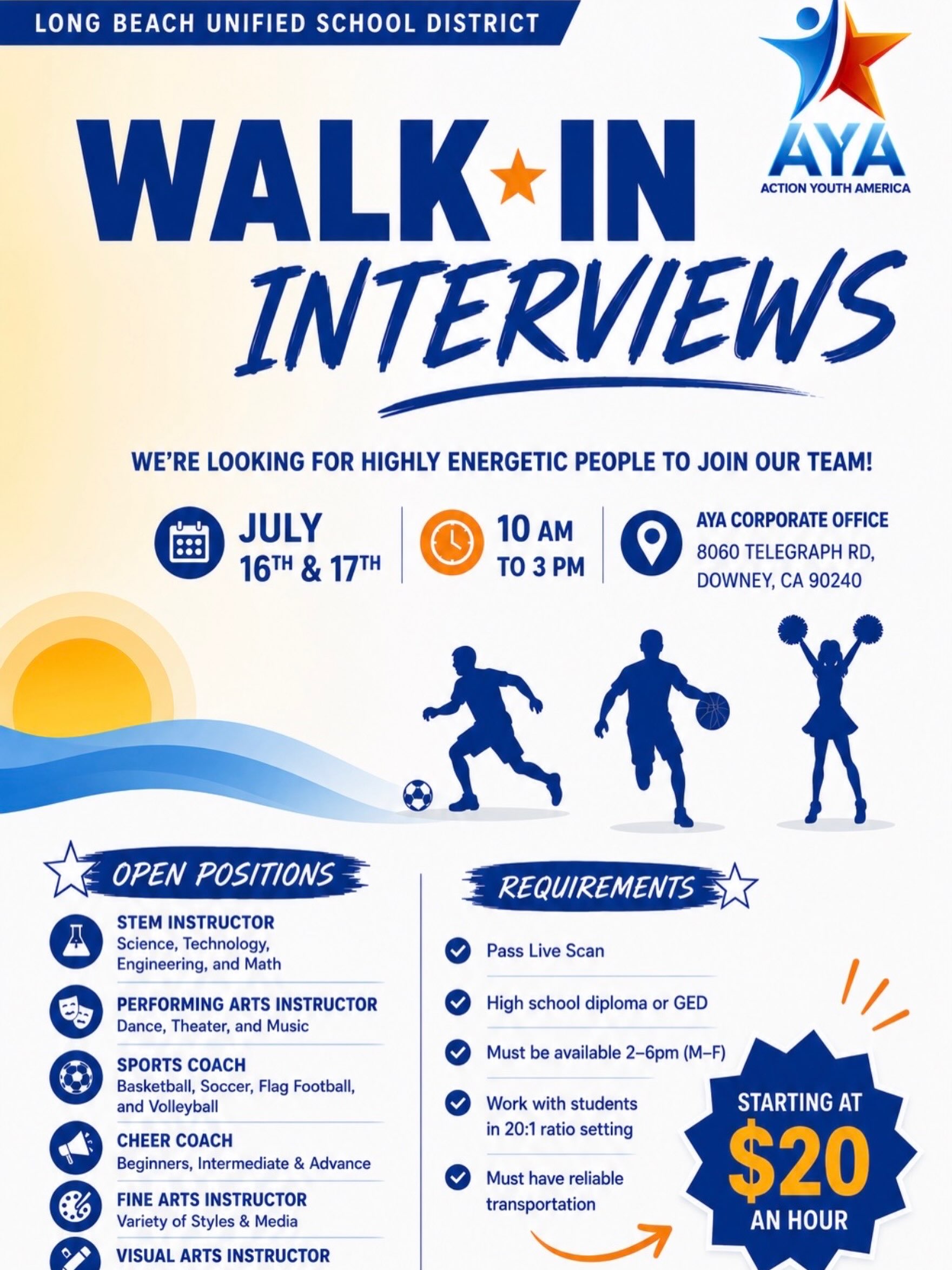 📣 LONG BEACH, WE’RE HIRING!
We’re looking for energetic, passionate individuals who are ready to make a difference in the lives of students through sports, STEM, arts, and more!
📆July 16 & 17
📍AYA Corporate Office | Downey, Ca
Join the AYA Team, starting at $20/hr! ⭐️
#AYA #NowHiring #LBUSD #AfterSchoolPrograms #Jobs