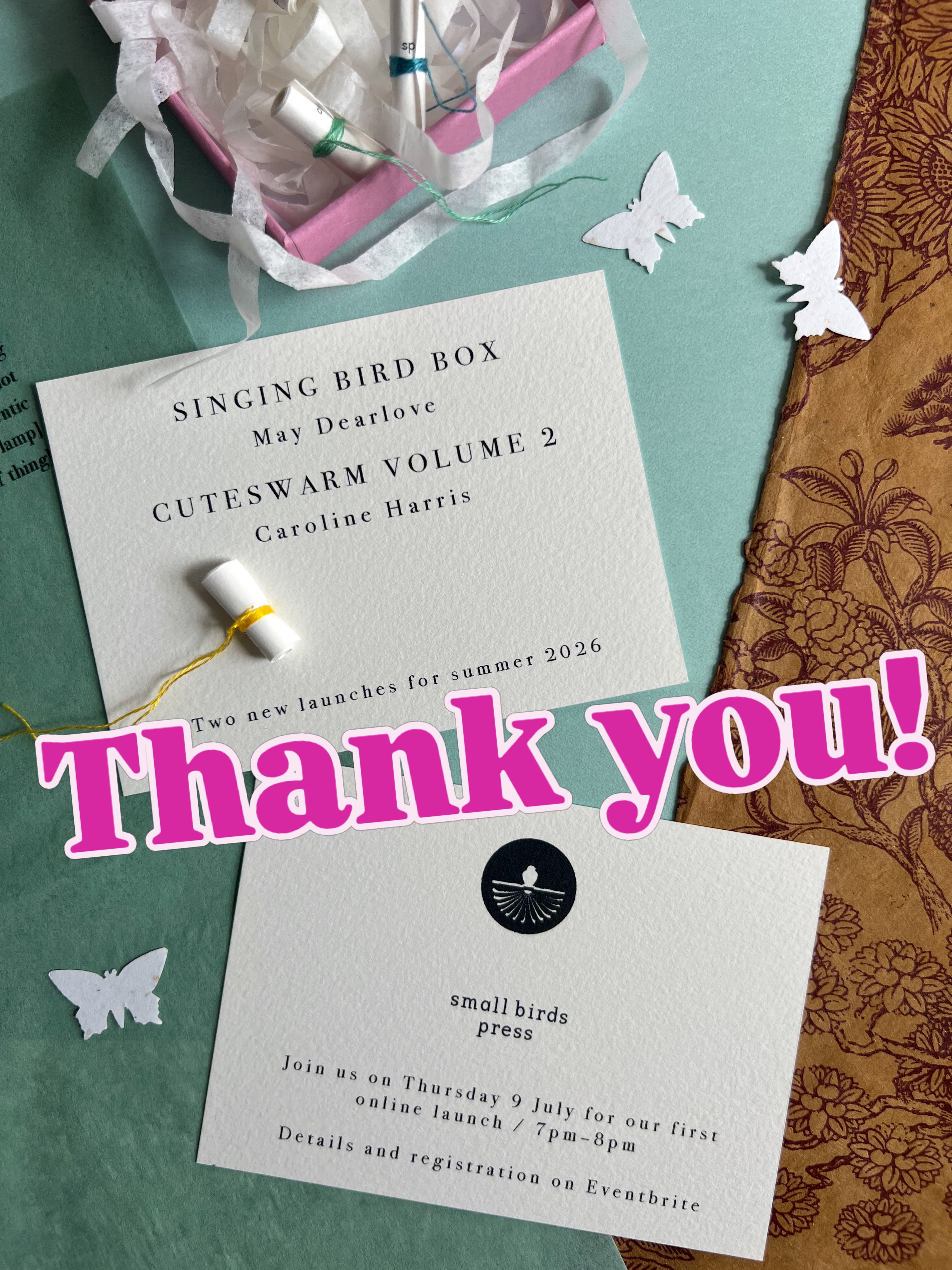 A big thank you to everyone who came to our little launch for Singing Bird Box by May Dearlove and Cuteswarm Volume 2 by Caroline Harris @carolineyolande at the new Small Birds Nest (aka our studio and now event space in Bath) on 30 June and our first online event on Thursday evening - despite the heat! And especially those who attended both.
It was such a welcoming, warm and involved audience at each event. We (Caroline and May) loved sharing our poems and the Small Birds Press approach and doing an audio described ‘unboxing’ of the two works. We were both a bit nervous (!), as it was something of an experiment to see how we might present and perform poetry objects that are so tactile and interactive. Especially via a Zoom meeting.
So it was wonderful to hear people’s appreciation, enjoyment, insights and suggestions. Thank you to all who have generously given your feedback and support. We are buzzing with ideas for other ways to make our performances and events even more interactive - real multi-sensory experiences. Watch this space for upcoming events and new approaches!