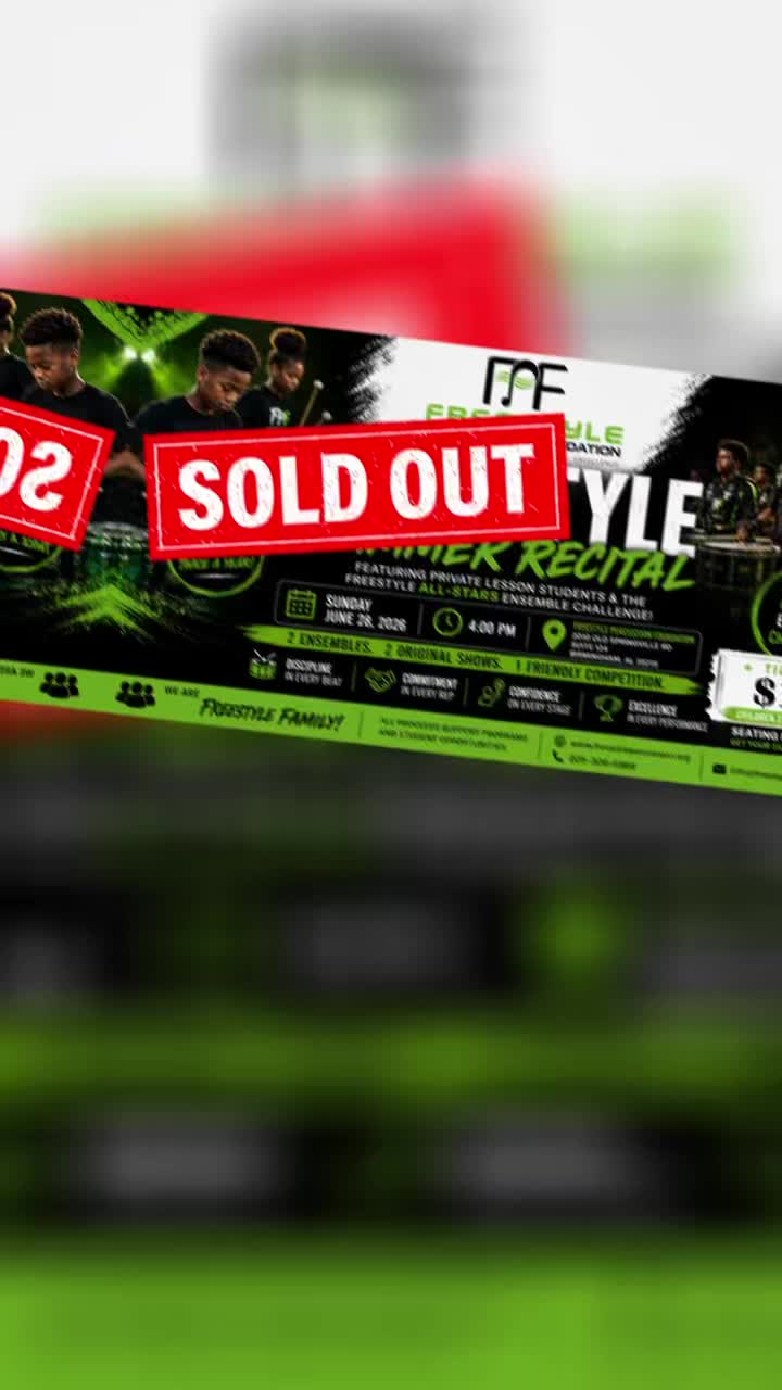 SOLD OUT!
The stage is set.
Every ticket is sold.
The seats are ready.
Get ready for THE SHOW! 🥁✨
#FreestylePercussion #FreestyleFamily #SoldOut #DisciplineCommitmentConfidenceExcellence