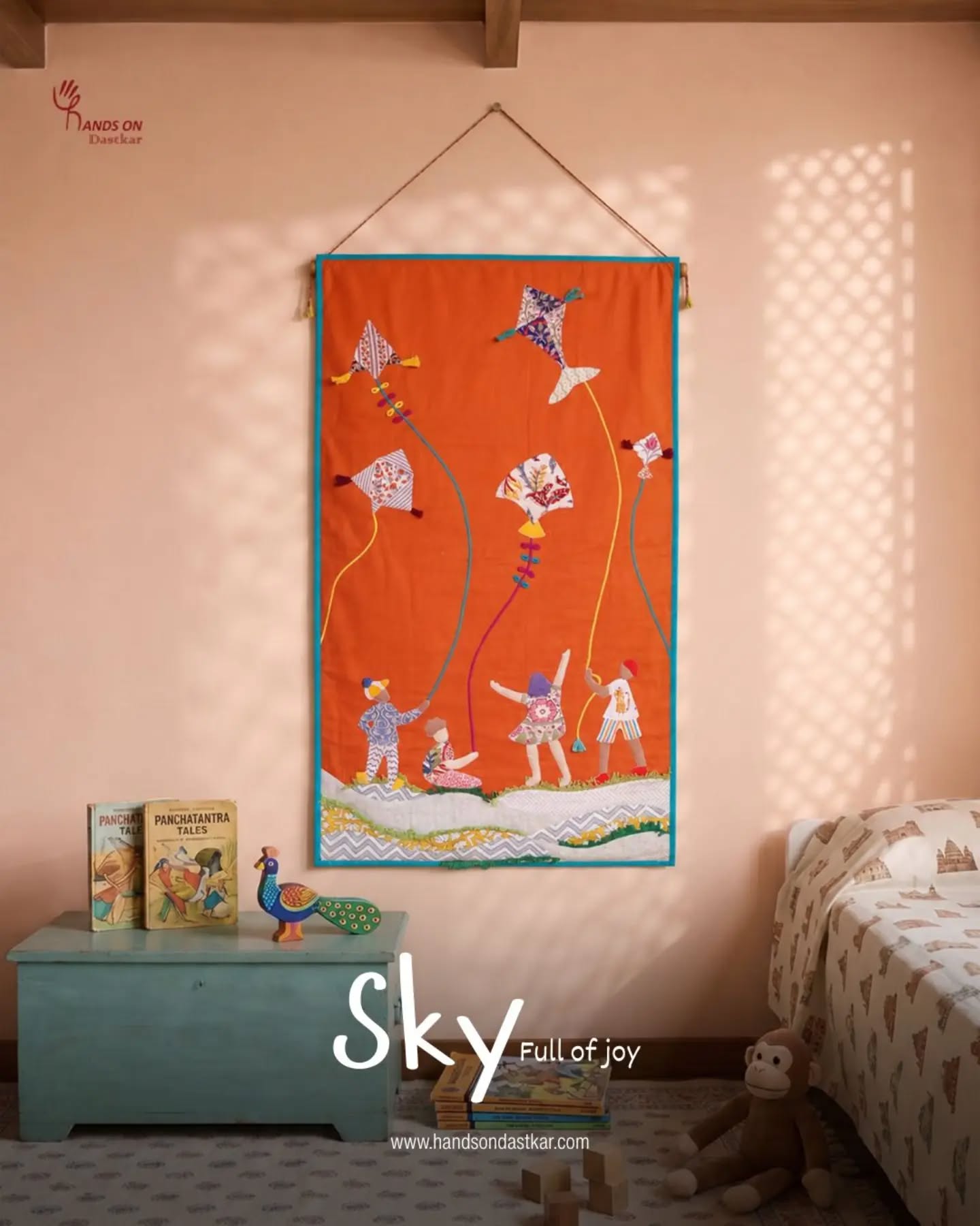A vibrant celebration of colour and carefree memories, Sky Full of Joy brings together bright orange hues, playful patterns, and beautifully crafted kites that seem to dance across the sky.
#HomeDecor #Handmade #BlockPrint #UpcycledTextiles #SustainableDesign
The bold oranges, lively prints, and cheerful motifs capture the spirit of childhood and the simple joy of watching kites high in the sky. Handmade with love and rooted in sustainability, Sky Full of Joy is a beautiful blend of colour, craftsmanship, and storytelling✨
#Summershopping #WallHanging #kids #kidsroom #HomeDecor s
The kids and their fun clothes were a delight to create. Even the creative expression of repreting grass with fabric carefully slit is uniquely original.
#kites #kidsdecor #handmade #wallart #decorideas
Each kite is thoughtfully pieced together from salvaged block-printed fabrics and colourful cloth patches, making every detail one of a kind.