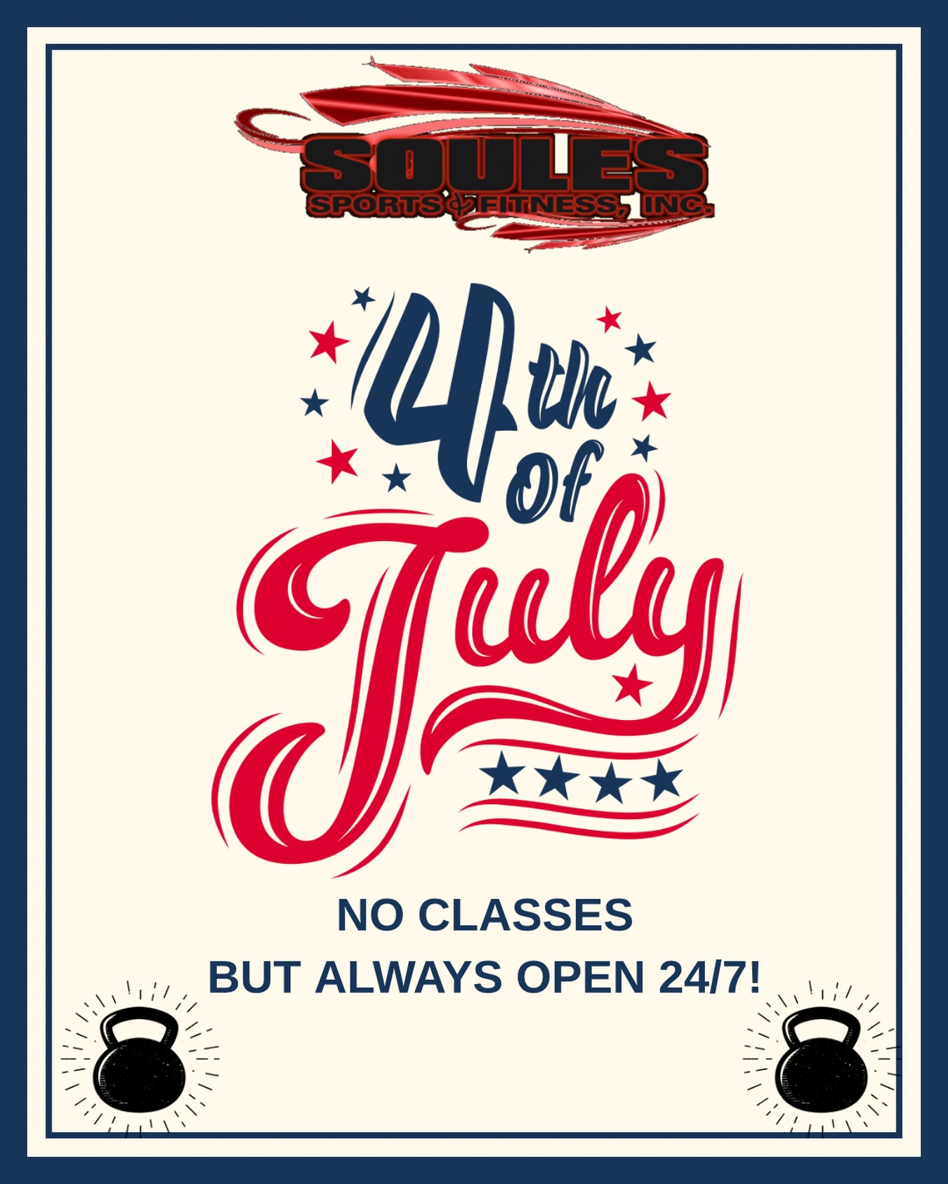 Reminder for tomorrow 🎆 🇺🇸
No 8am Kettlebells on the 4th of July, but we’re 24/7 so we will, like always, be open for you to enjoy your Independence Day workout!
250 Burpees perhaps? 🤔🇺🇸🎇
Have a safe, happy, healthy Independence Day!