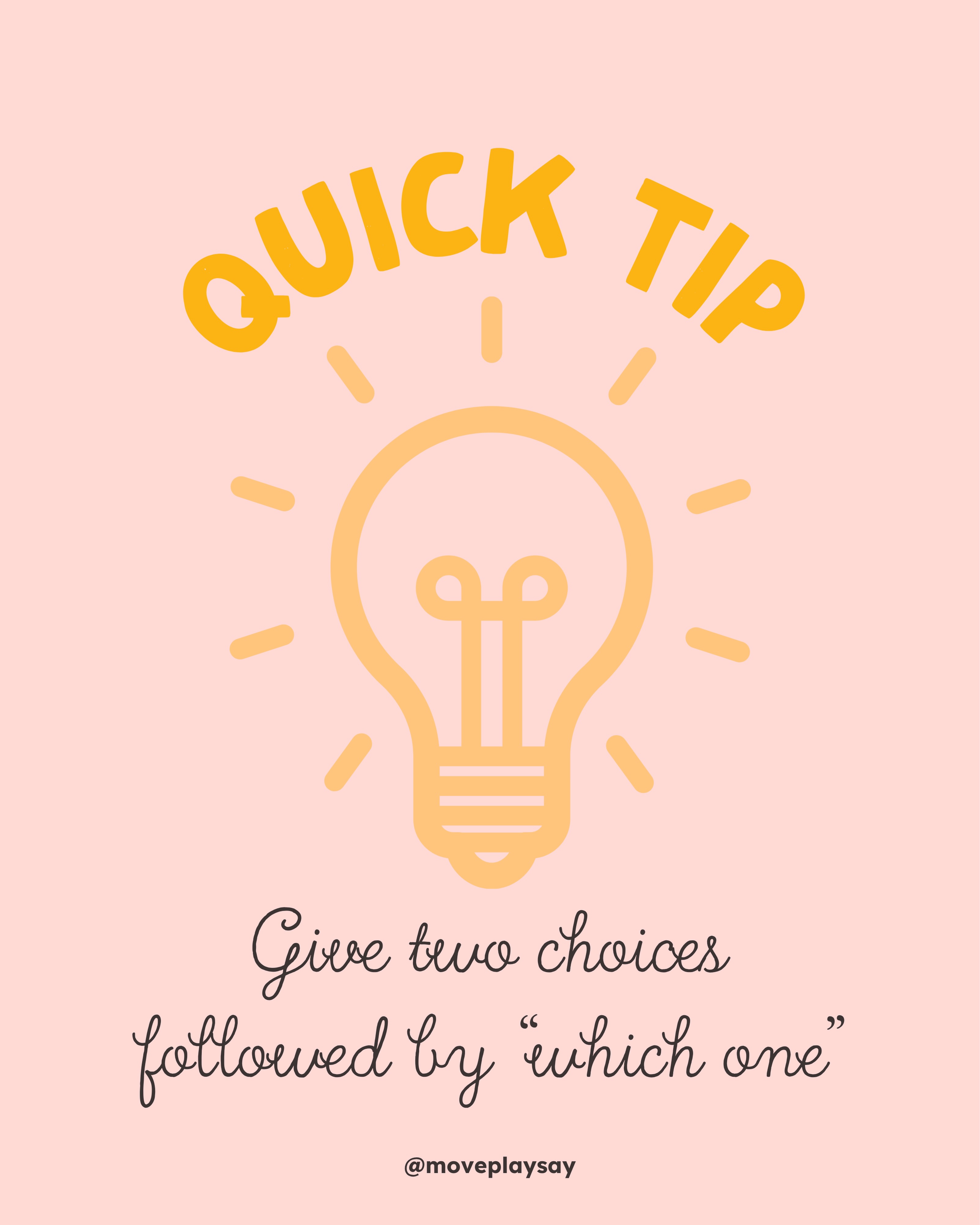 When offering choices, try giving the two options first… then pause and ask, “Which one?” This small change in wording can make a big difference for children who benefit from extra processing time or who tend to repeat the last word they hear instead of independently answering.
Example: “Do you want apple or crackers? … Which one?” 🍎✨ By separating the choices from the question, children have more time to process what was said, think about their answer, and respond more intentionally.
It can be tempting to repeat the question quickly or jump in to help, but allowing a pause is powerful. Research shows children may need up to 10 seconds of processing time to fully understand language and formulate a response. Giving that extra wait time can support language comprehension, confidence, and more successful communication opportunities throughout the day
#moveplaysay #parenting #pediatrics #toddlers #speechandlanguage