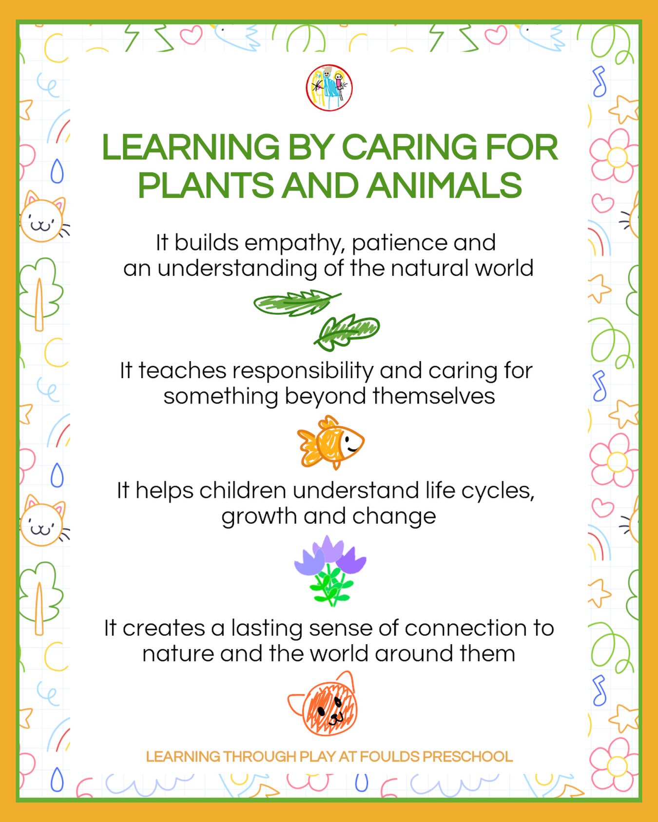 The latest in our series sharing the ‘why’ behind what we do…learning by caring for plants and animals.
Watching a child care for a living thing is like watching empathy grow in real time….when a child takes responsibility for a plant or animal, they are learning lessons that will last a lifetime.
As they wait for a seed to sprout or a caterpillar to transform….they are learning patience. When they witness growth, change and sometimes loss...they are learning about life cycles. Most of all, they are learning that they have the power to make a difference, however small, in another living thing’s life. And that connection to the natural world will shape how they see themselves and their place in it.
#fouldspreschool #learningbycaring #empathyinearlychildhood #littlegreenfingers #natureconnection