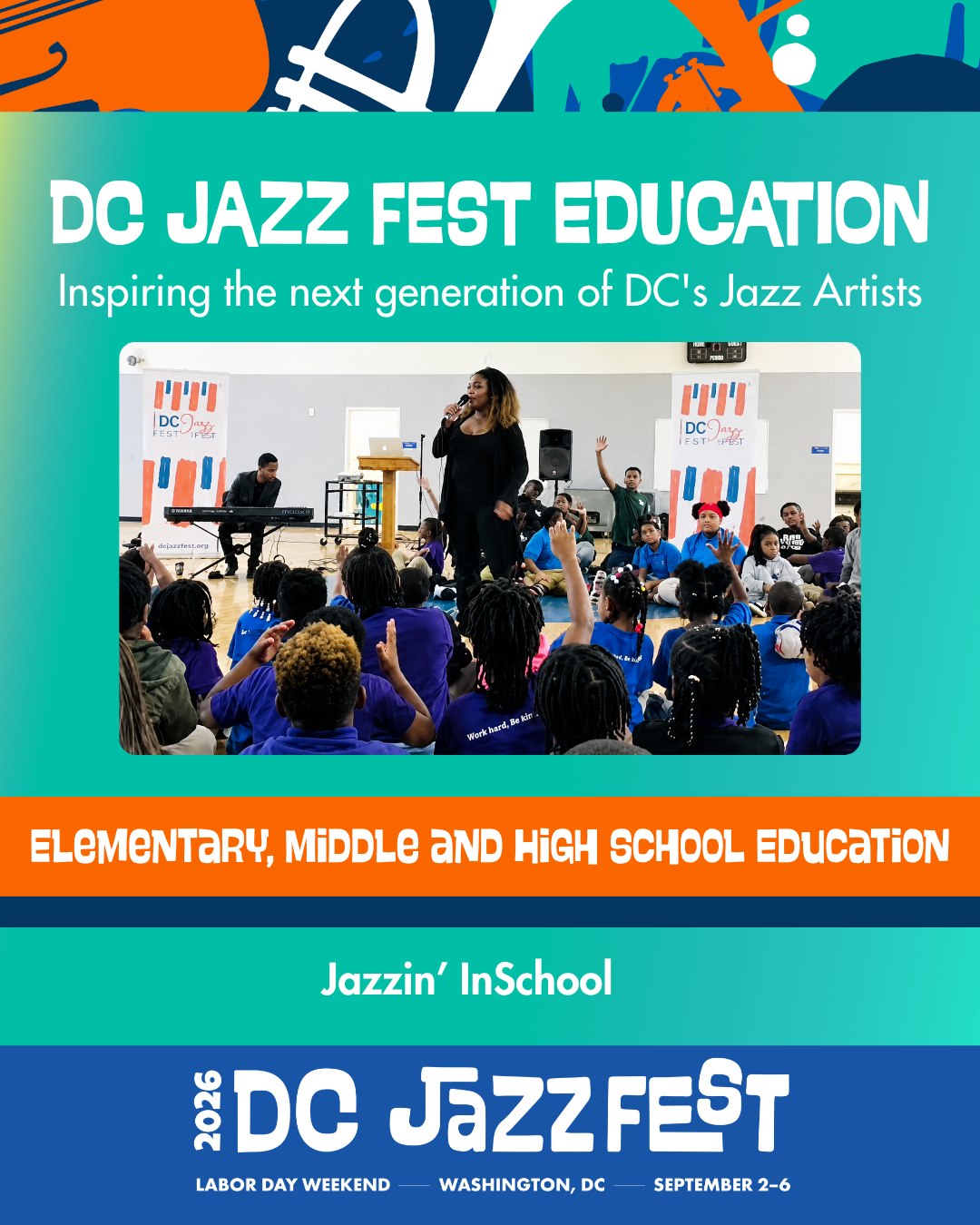 Jazz isn't just music—it's history, culture, creativity, and connection.
Through Jazzin' InSchool, elementary-aged students experience jazz in an engaging, interactive environment that explores the music's roots in the United States, and how it continues to influence communities and musical traditions across the globe.
Designed for learners ages 7–11, Jazzin' InSchool helps students see jazz not only as an art form, but as a living story of innovation, expression, and cultural exchange.
The 2025-2026 Jazzin’ InSchool programs are made possible, in part, with major grants from the Government of the District of Columbia; DC Commission on the Arts and Humanities; National Capital Arts and Cultural Affairs program of the U.S. Commission of Fine Arts; and with awards from the Galena-Yorktown Foundation, Morris and Gwendolyn Cafritz Foundation, Max and Victoria Dreyfus Foundation, The Venable Foundation, Les Paul Foundation, and the Ella Fitzgerald Charitable Foundation; with corporate support from Amazon.
Be part of the future of jazz in DC, donate at the link in our bio.