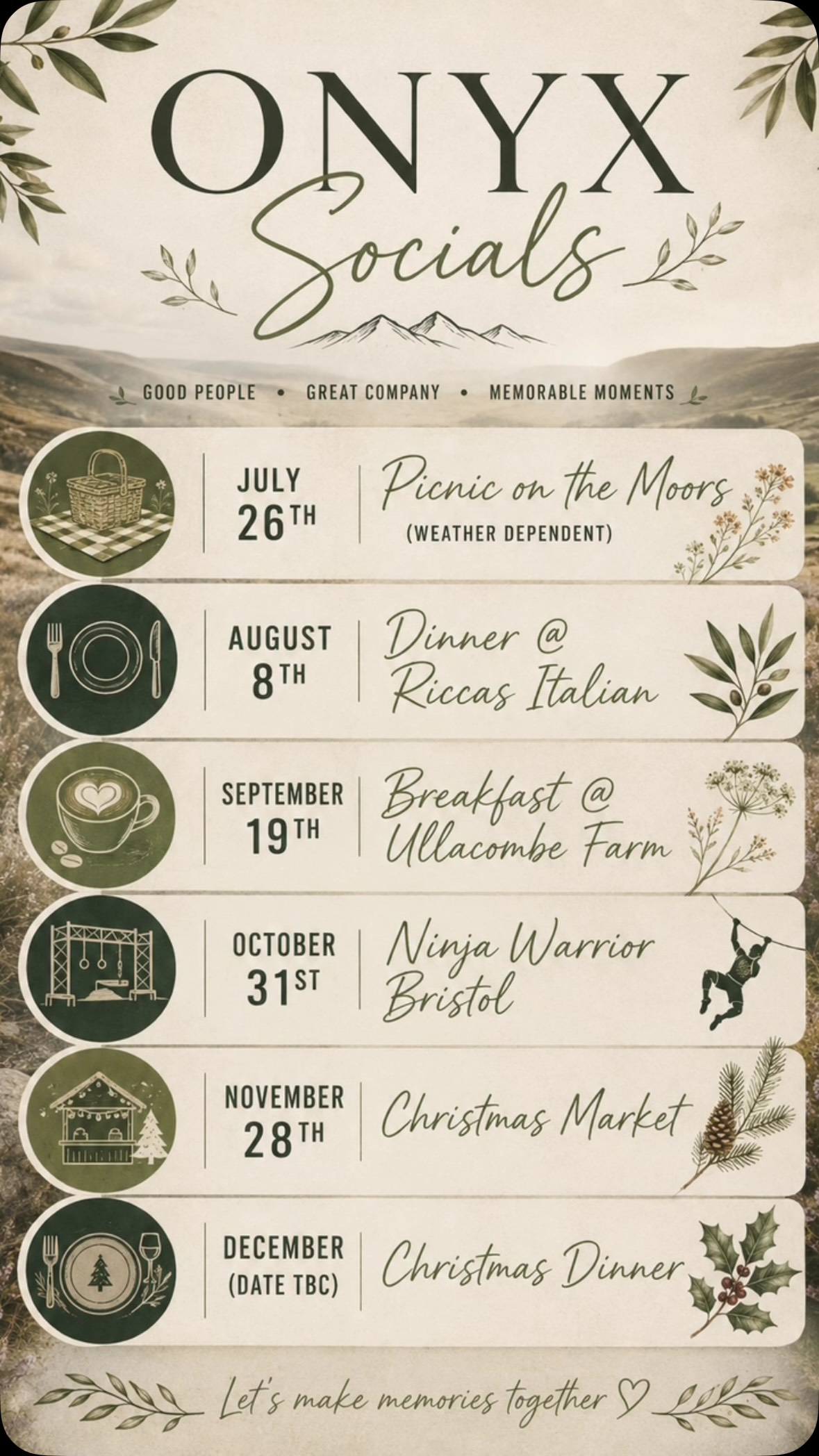 ONYX SOCIALS……
We now have monthly socials planned for the rest of the year and would love you to join us!
These are live to book now so choose your event whether you can only make one of them or to all 🌱
Visit our website and get yourself booked in (please note some of them will require prepayment and pre ordering prior to the event but we will keep you updated near to each event)
Community fun continues 🦋🙏
#socials #gettingtogether #makingfriends #aerialfamily www.onyxaerialfitness.co.uk