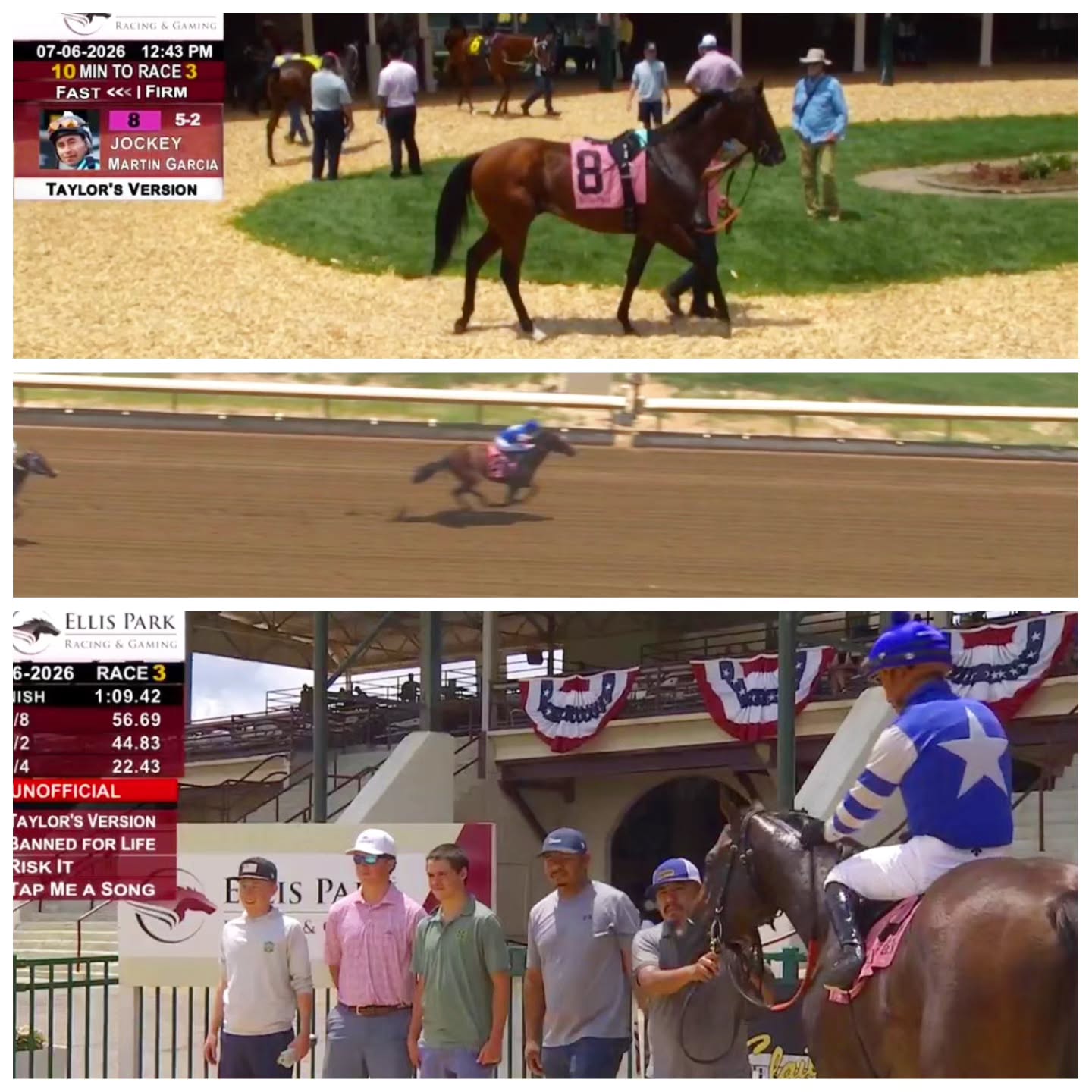 WINNER! Taylorβs Version decided to celebrate Taylor Swift and Travis Kelceβs wedding in fashion by winning his race today! Congratulations owner @albaughfamilystables Martin Garcia aboard. π #taylorsversion