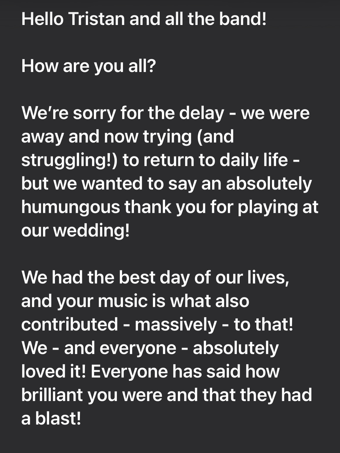 Testimonial! Thank you Catherine and Clark, it was a pleasure to play for you on your special day ❤️with @ro_barrett vocals @roger_quilter @tristanevansgtr @jarredwhitedrums @korolevamoon #miraclecure_band #irishweddingband #ceilidhwedding