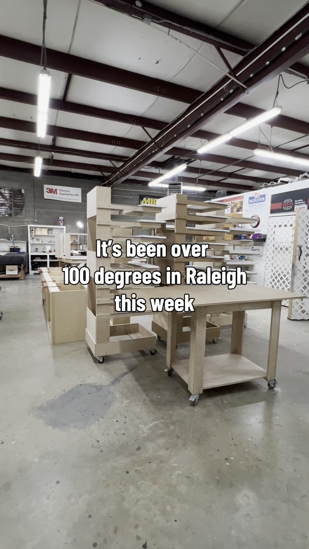 Everyone loves seeing the finished built-ins.
Here's the part you don't always see...
🔥 100°+ inside the shop.
💦 Plenty of water and electrolyte breaks.
🪵 Sawdust sticking to sweaty arms.
👷 Tom and the crew building your projects by hand.
This week's heat has been no joke, so we're wrapping up at **noon today**. The projects will be here after the holiday—our crew deserves a chance to cool down and enjoy the Fourth with their families.
And while we're at it... here's to all the tradespeople working in non-air-conditioned shops, attics, crawl spaces, and out in the sun every day. Carpenters, electricians, plumbers, HVAC techs, roofers, painters, landscapers, concrete crews, framers, and so many more—you keep new homes being built, home renovations moving forward, and our communities growing year-round. It doesn't go unnoticed.
Wishing everyone a safe, happy Independence Day! Stay cool, stay hydrated, and thank you to everyone putting in the work behind the scenes. 🇺🇸