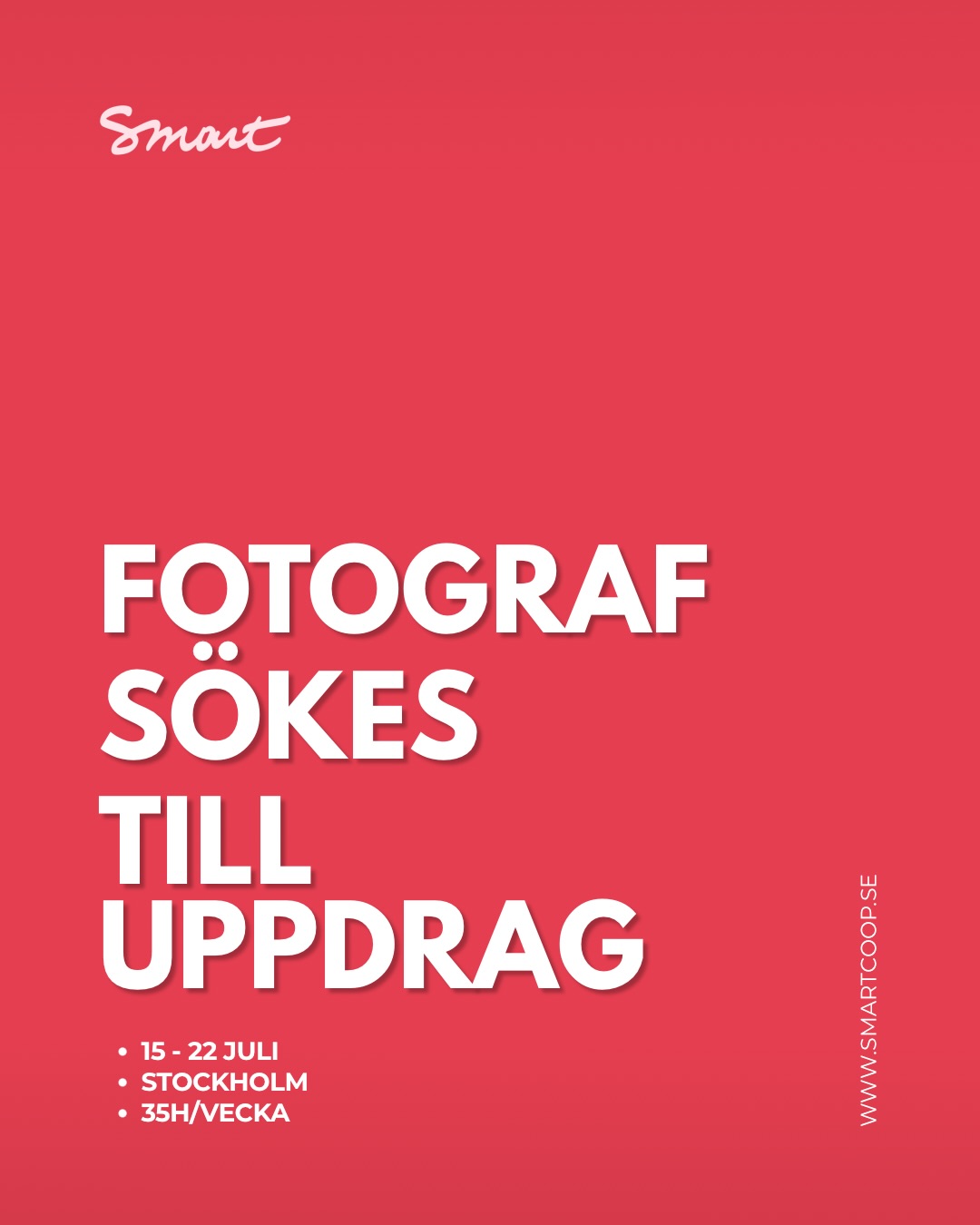Tack till alla som har sökt! Nu tar Joseph inte emot fler ansökningar!
Smart medlem @josephvilagarcia söker en dokumenterande fotograf som vill vara medskapande i förarbetet till projektet Naken i Främmande Land.
Detta är ett undersökande konstprojekt där dokumentationen blir en del av den konstnärliga processen. Nakenheten är i centrum som ett uttryck för naken ärlighet. Arbetsmetoden bygger på öppenhet, närvaro och att alla i rummet deltar på samma premisser.
Projektet söker dig som arbetar konstnärligt och dokumentärt, och som vill bidra med ditt eget bildspråk och din erfarenhet.
Efter workshopen ska materialet klippas till en cirka 15 minuter lång dokumentation som kan visas på utställningar, teatrar och för intressenter.
Datum: 15-22 juli 2026
Plats: House of Q, Stockholm
Datum editing: enligt överenskommelse
Arvode: 20 000 kr exklusive moms
Ersättning för klippning tillkommer enligt överenskommelse.
Är du intresserad?
📧 Skriv till: kontakt@smartcoop.se
