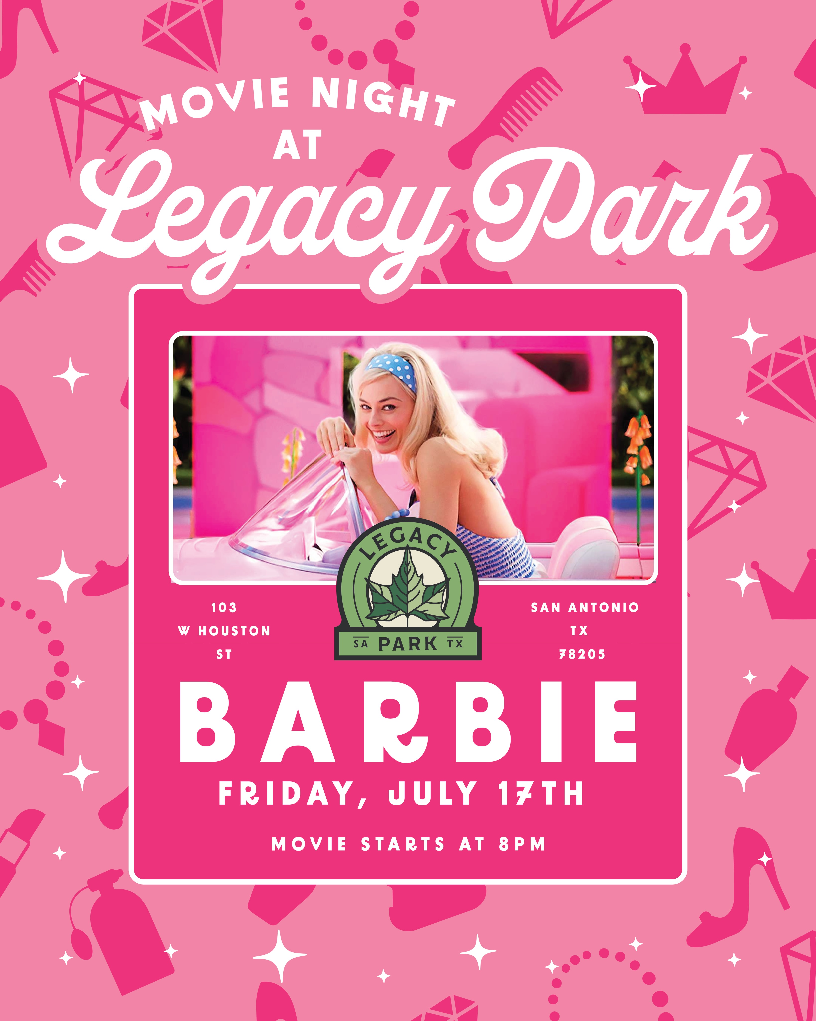 Friday, July 17
Barbie free outdoor movie at @legacy.park @downtownwestsa
Starts at sunset
Kick back on the lawn and enjoy Barbie under the stars. Hungry? Insomnia Cookies will be selling their signature warm cookies and drinks directly in the park for your convenience. Royal Blue will have a varied selection of your favorite movie snacks available for purchase too. @royalbluegrocerysa @insomniacookies
Limited chairs will be available in the park.