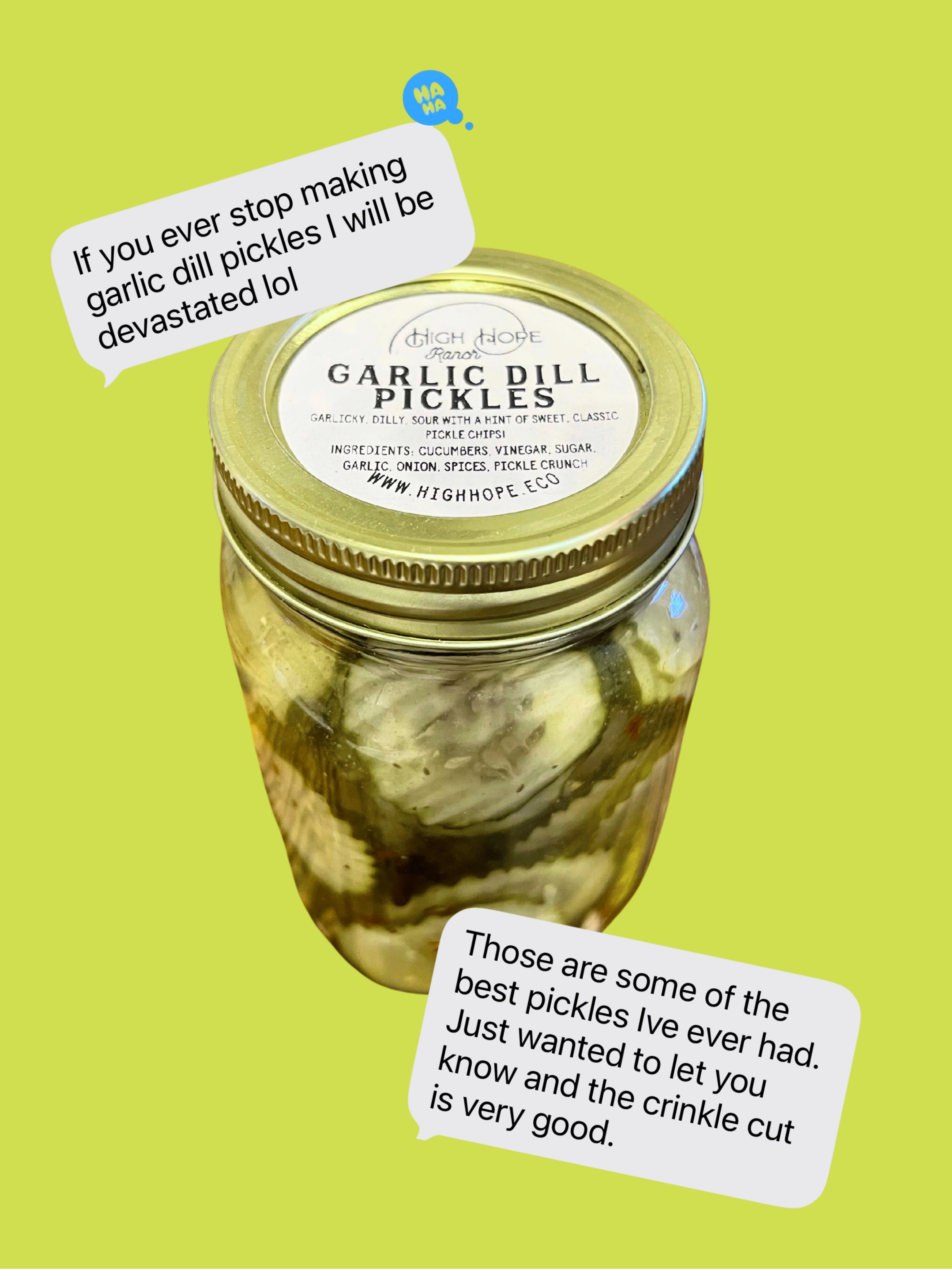Texts like these make me so happy. We’ve worked hard to perfect our pickle recipe over the last seven years, if you’ve tried them then you know, they’re hard to beat! Not only do we focus on great flavor and texture, but we grow our cucumbers from organic seeds and use biodynamic practices to get the healthiest most nutrient dense cucumbers we can. They’re delicious straight out of the jar or as an addition to any meal, and when they’re gone, the juice is just as good as any of those fancy electrolyte packets flooding the market these days. So pick up a jar online at www.highhope.eco or find them exclusively at our farm store or in Glen Rose at @the_farmacy_on_the_river !