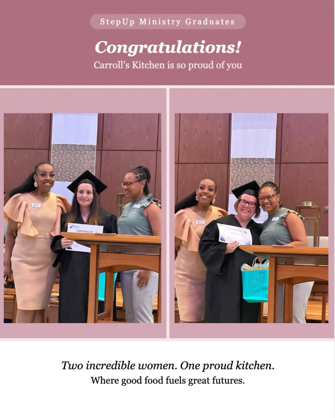 Big things are happening here at Carroll’s Kitchen!
We are so proud to share that Stephanie and Juanita both graduated from StepUp Ministry this past month. Watching these women grow, achieve, and step boldly into their futures is exactly why Carroll’s Kitchen exists.
None of this happens without this community. Our customers, our supporters, our partners — you show up for us every single day and we don’t take that for granted! Not even for a second.
Thank you. From the bottom of our hearts!
@stepupministry #CarrollsKitchen #StepUpMinistry #WomenGraduating #CommunityLove #ProudOfYou