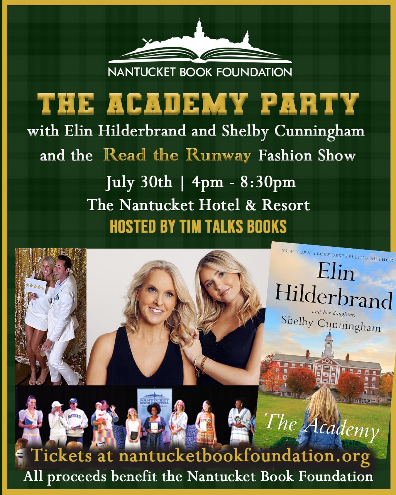Tickets are going fast to our annual @elinhilderbrand event all to benefit the @nantucketbookfestival this summer, Thursday July 30, 2026 at the Nantucket Hotel & Resort from 4pm - 8:30pm. Get tickets with link in bio or visit nantucketbookfoundation.org.
This year the event will be inspired by Elin’s newest novel written with her daughter, The Academy. Wear forest green and gold to match the Tiffin Academy theme.
This is the “party of the summer” and remember all proceeds benefit the year-round work of the Nantucket Book Foundation.
This is our sixth annual summer event featuring Elin Hilderbrand. The evening begins with a cocktail hour followed by a “Read the Runway” Fashion show featuring “back to school” looks from Nantucket Island boutiques as well as the models’ favorite books from their school days.
The night continues with a live auction of exclusive Elin prizes (plus the chance to win advanced copies of The Thoroughbreds, the anticipated sequel to The Academy). Enjoy a lively conversation between Elin and her daughter and co-author Shelby Cunningham all hosted by Tim Ehrenberg of Tim Talks Books. Special appearance by Elin’s audio book narrator Erin Bennett. Food and drink inspired by the novel and dancing in the ballroom to end the evening.
You’ll feel like a student at Tiffin Academy all while supporting the year-round work of the Nantucket Book Foundation!