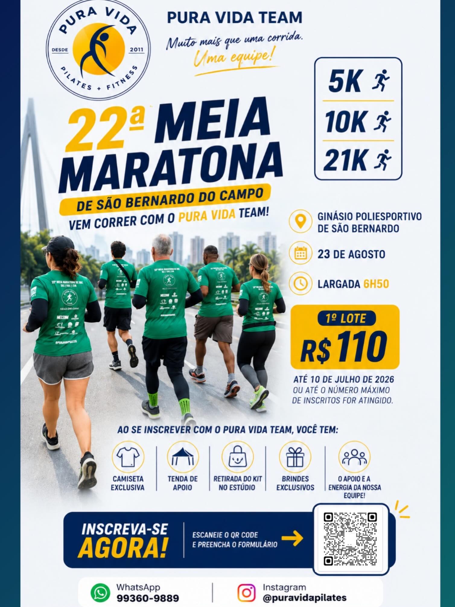 🚨 Boa tarde, Pura Vida Team! 🏃♀️💚
As inscrições para a Meia Maratona de São Bernardo do Campo já estão abertas e vocês têm acesso em primeira mão!
⚠️ Não deixe para a última hora! As vagas do nosso grupo são limitadas e o valor da prova aumenta conforme a mudança de lote.
💰 1º lote: R$ 110,00
Ao se inscrever com o Pura Vida Team, você terá uma experiência completa:
✅ Brindes exclusivos
✅ Retirada do kit no estúdio
✅ Tenda de apoio no dia da prova
✅ Dicas e orientações de treino
✅ A energia e a torcida da nossa equipe!
📲 Garanta sua vaga agora:
ADULTO https://forms.gle/KyT9drxeyMYxDpd17
KIDS https://forms.gle/hs7u1kFJDmWk4wsa8
*A inscrição será confirmada somente após o preenchimento do formulário e a confirmação do pagamento.*
✨ Agradecemos aos nossos patrocinadores, que tornam essa experiência ainda mais especial: