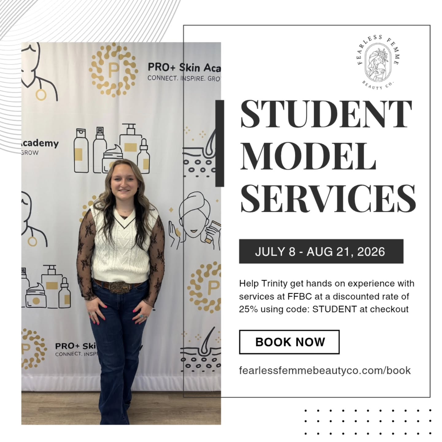 We are looking for Facial and Waxing models!! Use code: STUDENT at checkout for 25% off discount.
Students are always 100% supervised and given help and instruction as needed. Please keep in mind, student services may take longer than usual.