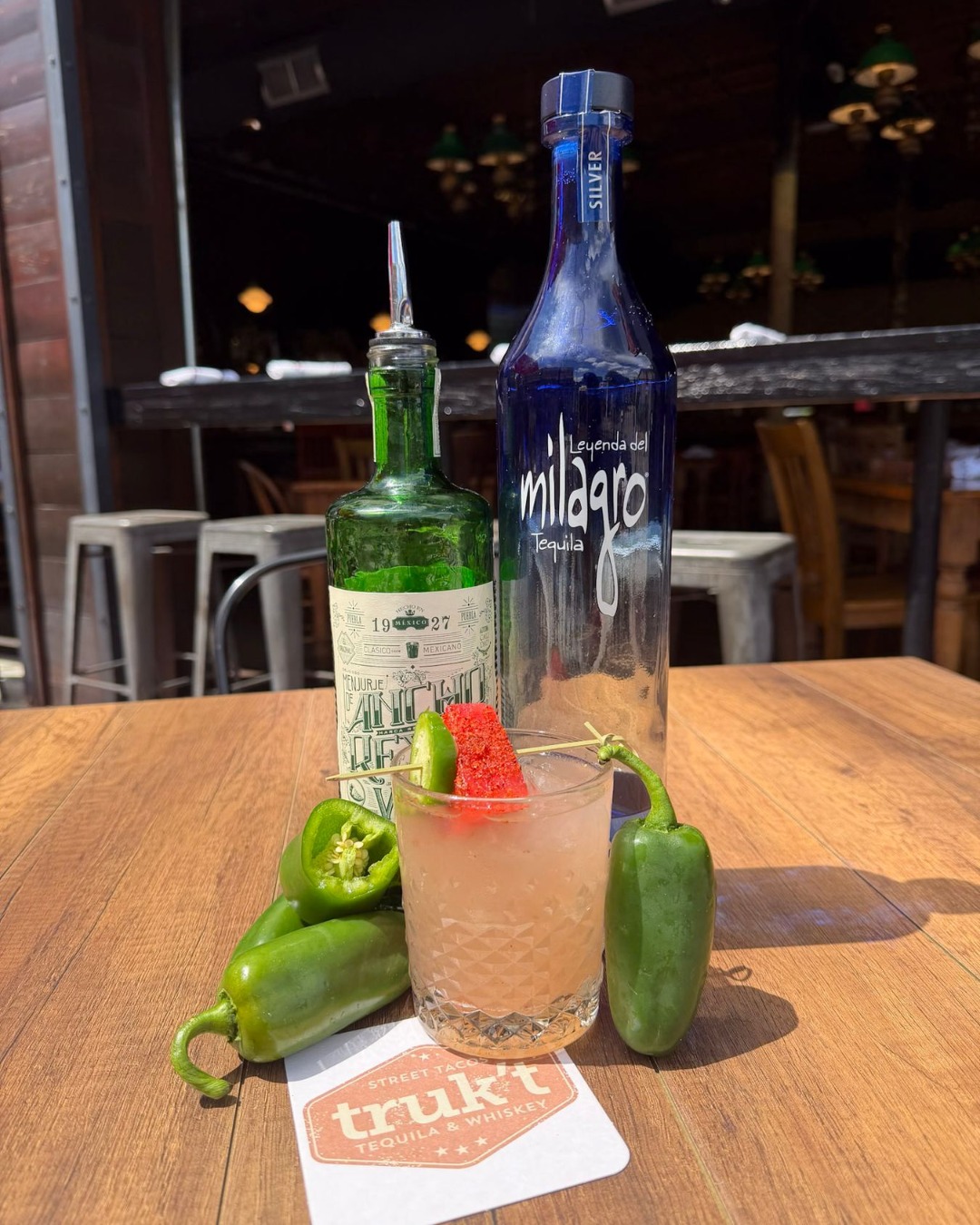 W.T.F. – weekly truk’t feature
SPICY WATERMELON MARGARITA – Milagro Silver, Ancho Reyes Verde, watermelon juice, lime juice, agave, jalapeños.
Available through 7/12.