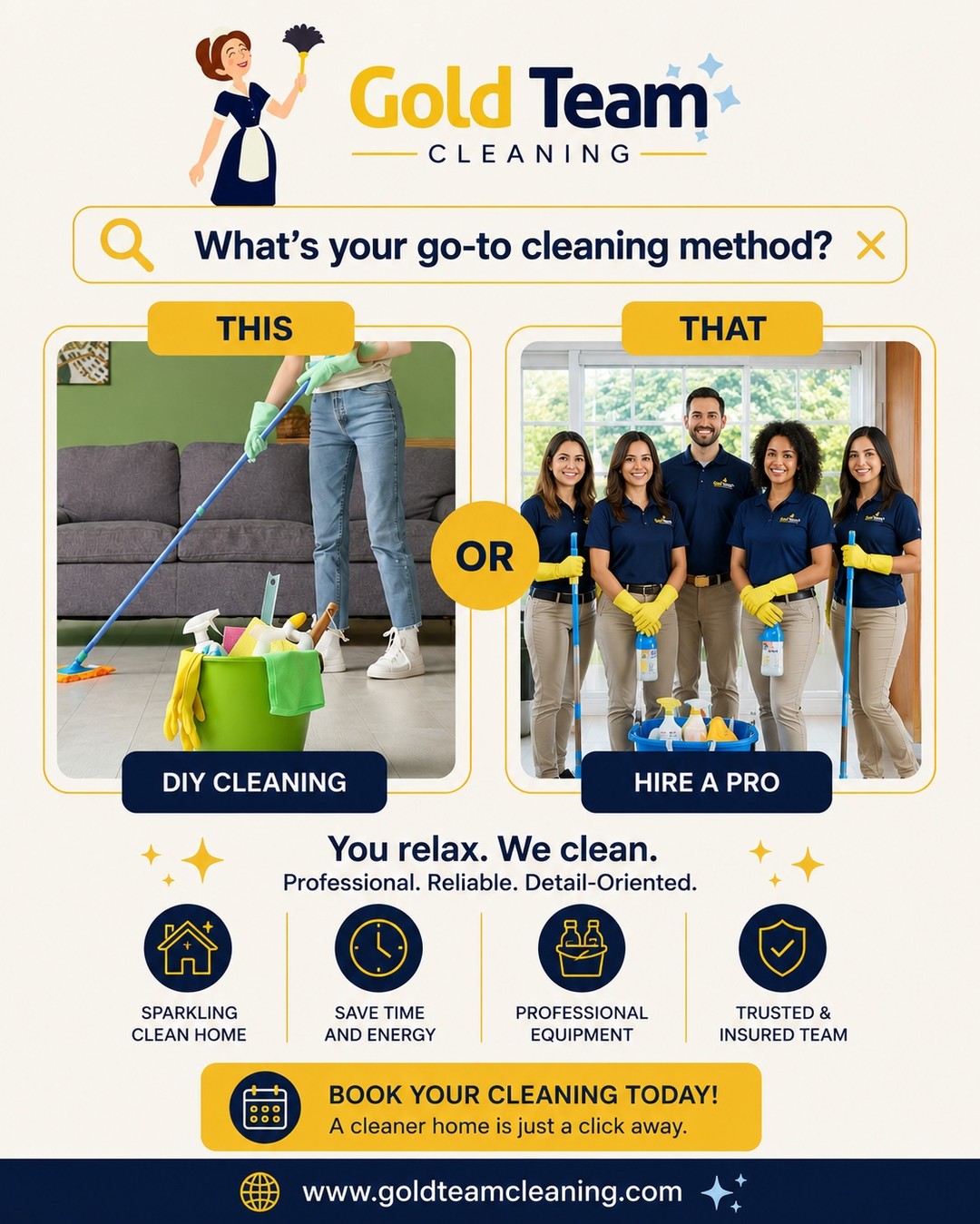 🧼 Do you tackle the cleaning yourself… or leave it to the pros?
Some days, you've got the time. Other days, you'd rather come home to a spotless house without lifting a finger.
✨ That's where Gold Team Cleaning comes in.
Let us handle the cleaning, so you can spend more time doing what matters most.
🏡 Professional. Reliable. Detail-oriented.
#GoldTeamCleaning #ProfessionalCleaning #CleanHome #HomeCleaning #HouseCleaning #CleaningService #SparklingHome #StressFreeLiving #LetUsClean #ReliableService #VancouverCleaning