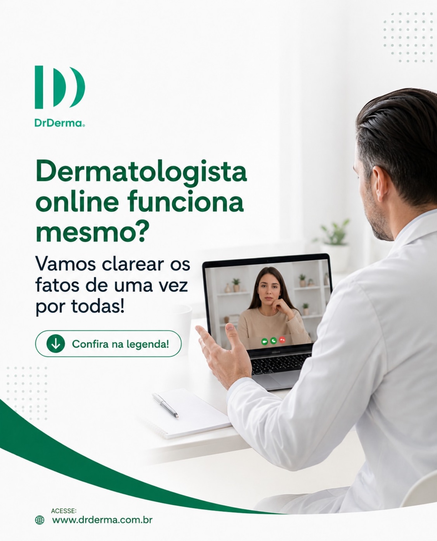 É normal ter dúvidas sobre como funciona um atendimento à distância para a saúde da sua pele, cabelos e unhas. Por isso, separamos o que é real do que é apenas boato:
❌ MITO: A consulta online serve apenas para dúvidas simples.
✅ VERDADE: A teledermatologia é altamente eficaz para o diagnóstico, triagem e acompanhamento de condições crônicas como acne, psoríase, eczemas, rosácea e até avaliação inicial de manchas suspeitas.
❌ MITO: O atendimento é feito por robôs ou clínicos gerais. ✅ VERDADE: Na DR. Derma, nosso corpo clínico é composto 100% por dermatologistas credenciados e experientes. Você recebe atendimento de um especialista de verdade.
❌ MITO: A receita digital não é aceita nas farmácias. ✅ VERDADE: Nossos receituários seguem estritamente as regulamentações do CFM, possuem assinatura digital válida e são aceitos em farmácias de todo o Brasil. Praticidade e precisão médica andam juntas.
Experimente a evolução do cuidado com a pele. Acesse www.drderma no link da BIO e agende sua consulta.