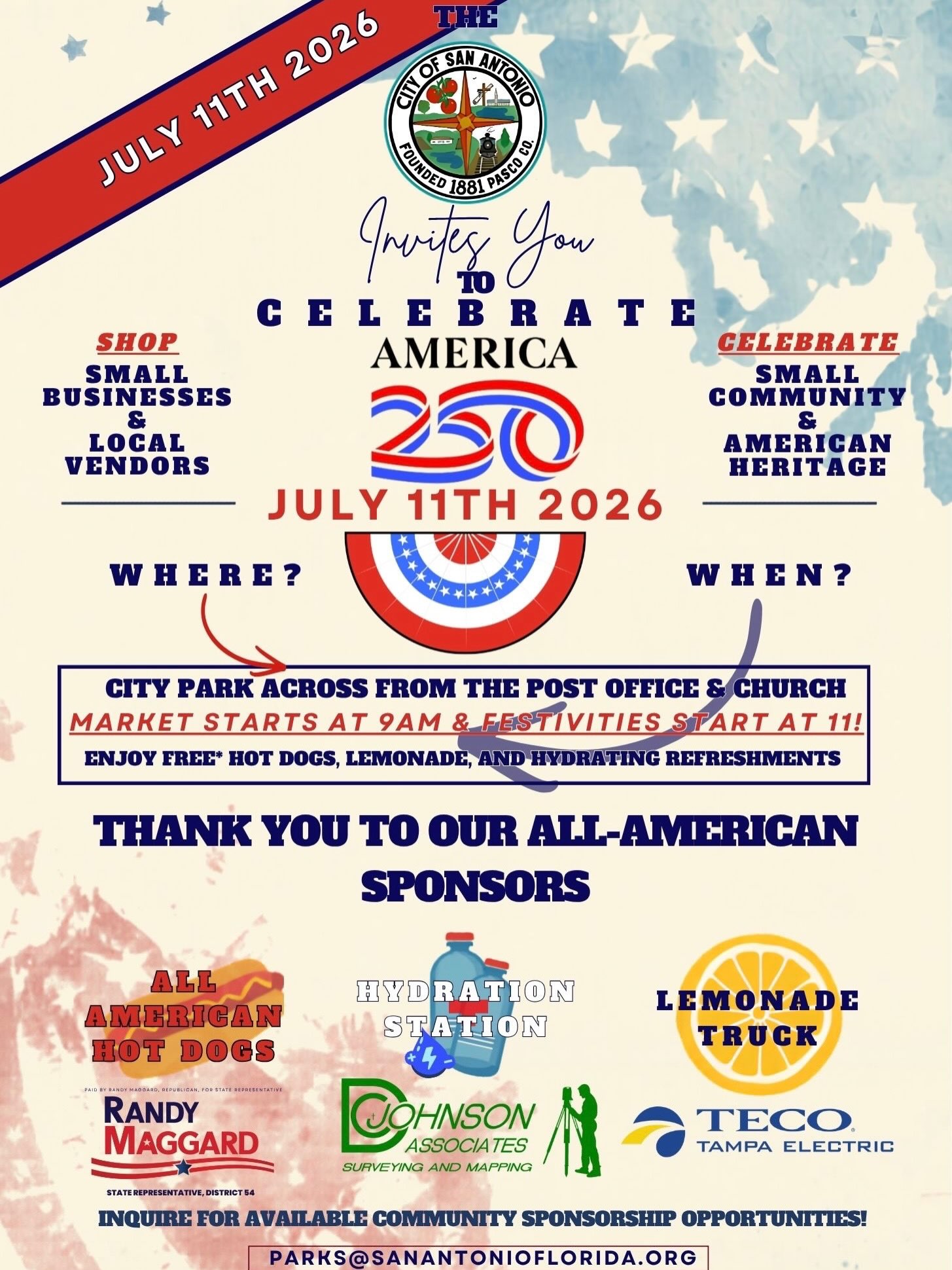 Tomorrow!! The celebration for Americaβs 250th continues Saturday July 11th β Market in the Park β San Antonio, FL! πΊπΈ
For this market, we are bringing a special guest! Mr. Red, White & Blueβ¦ Ned the Grand Champion Turkey. β€οΈπ€π Come say hi & meet Ned, support local small businesses & enjoy FREE hot dogs & lemonade! π swipe til the end to see tentative schedule!