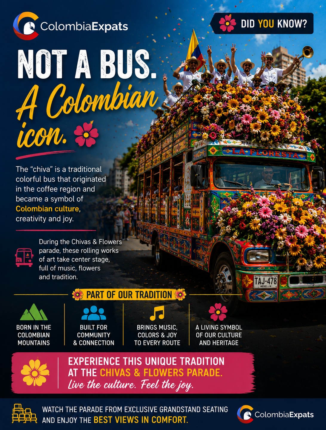 🚍 Did you know a "Chiva" is much more than transportation?
These colorful buses are one of Antioquia's greatest cultural symbols.
During the Flower Festival they become moving works of art filled with flowers, music, tradition and joy.
Watching the Chivas Parade from our exclusive grandstand lets you experience this incredible tradition in comfort and with the best view.
✨ Don't just visit Medellín.
Experience it.
Get your tickets with us
📲+57 3105082718
#Chivas #FlowerFestival #Colombia #VisitMedellin #Culture #Travel #medellín