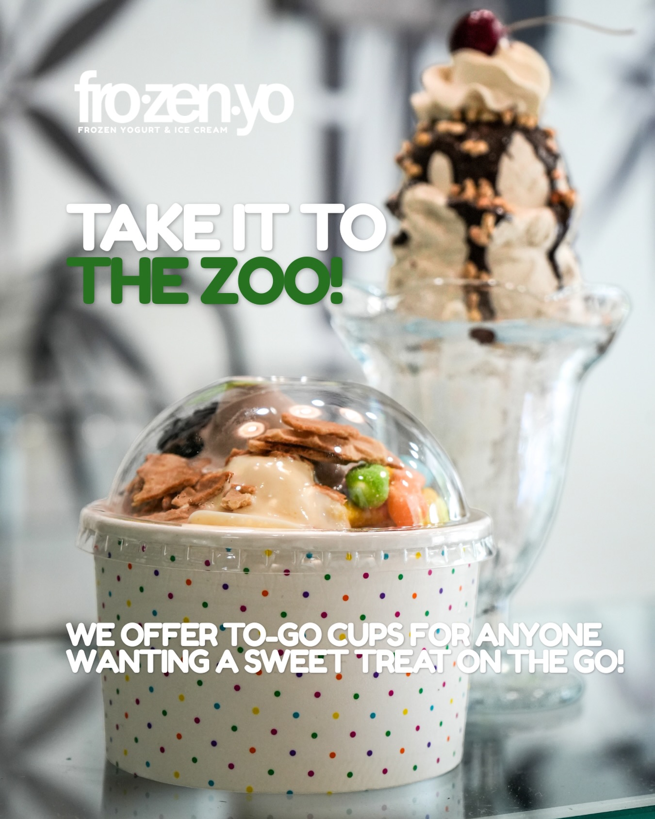 Heading to the zoo? Don’t forget your FrozenYo to-go cup.
Build your favorite creation, snap on a lid, and take it with you as you explore. Whether you’re strolling through the exhibits or taking a break in the shade, your favorite frozen treat can come along for the adventure.
Stop by before your next zoo visit and take FrozenYo wherever the day takes you.
#FrozenYoDC #TakeItToGo #NationalZoo #ZooDay