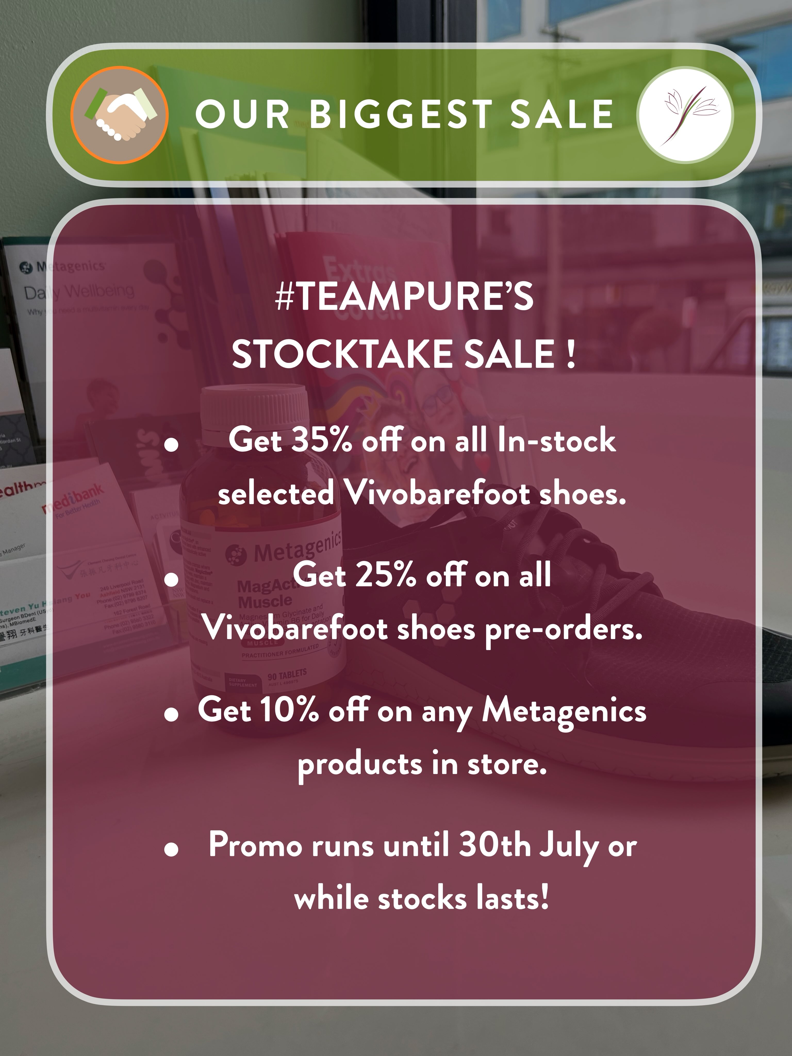 ๐จ Our Biggest Sale of the Year is Here! ๐๐ฟ
Itโs the perfect time to invest in your health for less.
โจ Stocktake Sale Offers:
๐ฃ 35% OFF selected in-stock Vivobarefoot shoes
๐ฆ 25% OFF all Vivobarefoot pre-orders
๐ 10% OFF all Metagenics products in-store
These offers are available until 30th July or while stocks last, so donโt miss out!
Visit us in clinic or get in touch to secure your pair before theyโre gone. ๐
#PureHealth #Chiropractor #Ashfield #Vivobarefoot #Sale