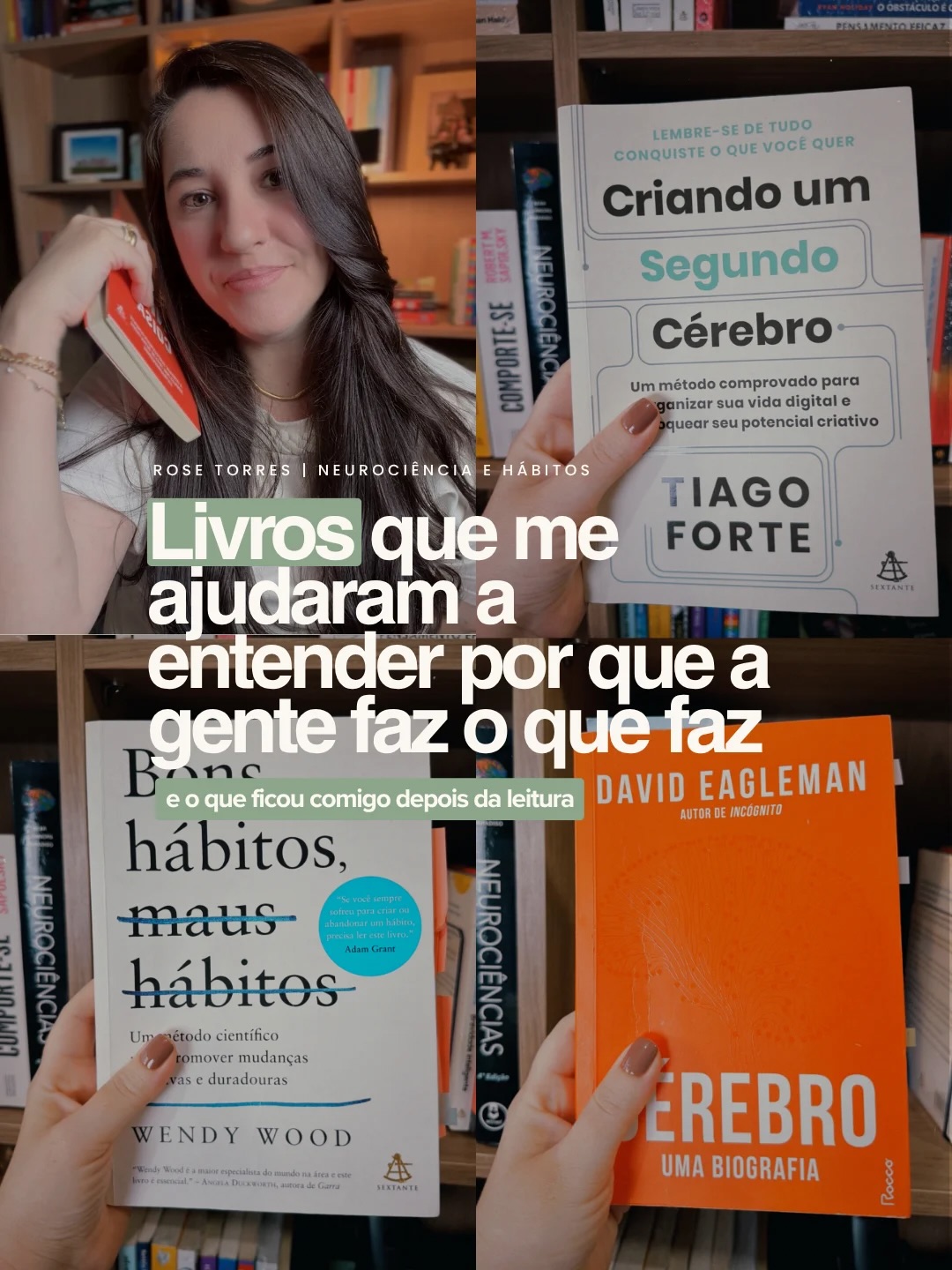 A lista é muito maior, mas para hoje eu separei alguns livros que ficaram comigo de um jeito especial.
E eles não entregam respostas prontas, muito longe disso. Mas mudaram de certa forma o jeito como eu observo comportamentos, hábitos, memória, atenção e produtividade.