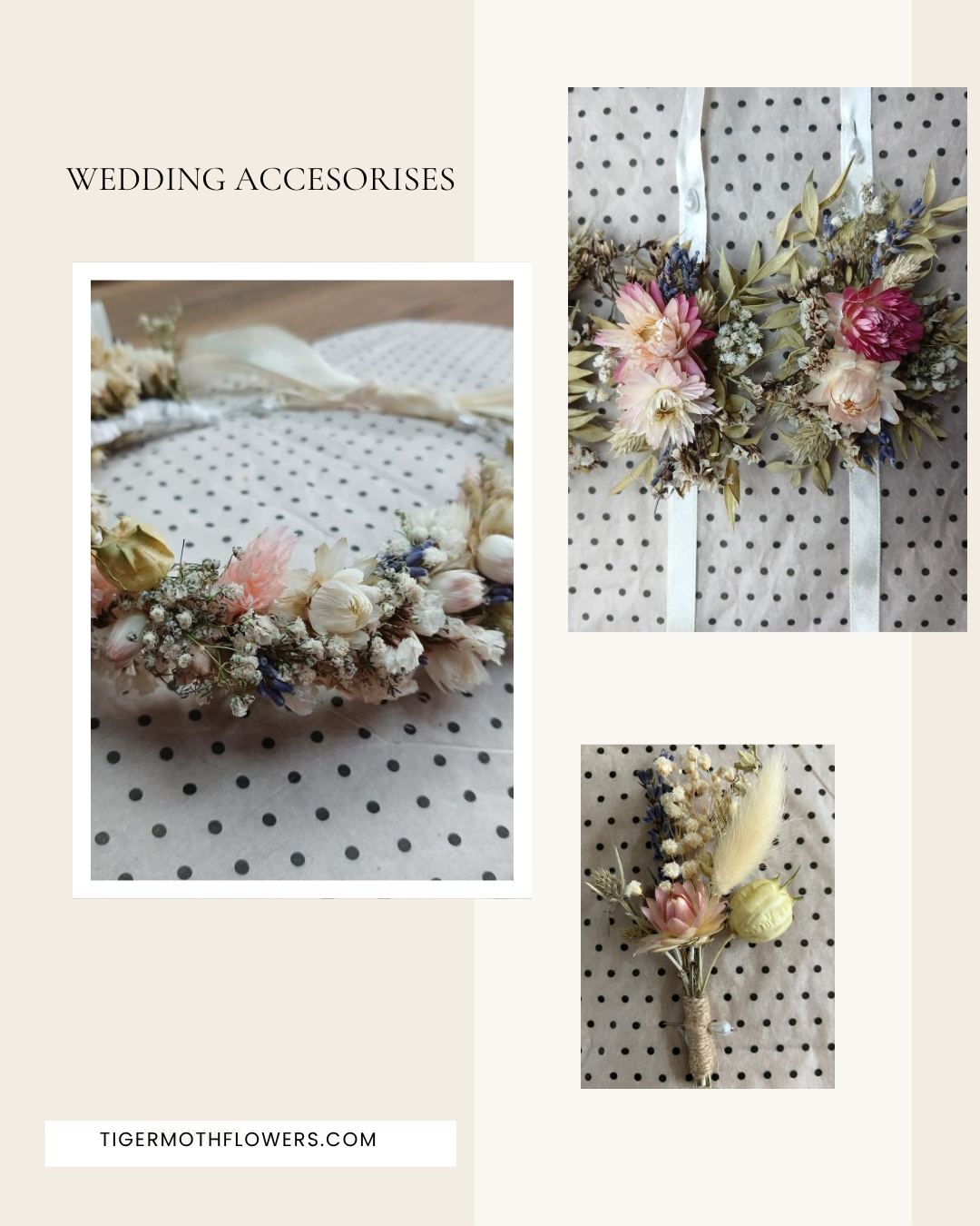 Wedding accessories for brides, grooms, bridesmaids & flower girls.
#weddingaccessories #flowercrown #wristcorsage #buttonhole
#bridalflowers #romanticflowers #softweddingstyle #driedflowers