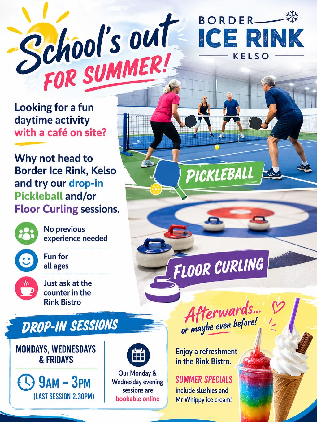 School’s out for summer! ☀️
Looking for a fun daytime activity with a café on site? Why not head to Border Ice Rink, Kelso and try our drop-in Pickleball and/or Floor Curling sessions.
🏓 No previous experience needed
👨👩👧👦 Fun for all ages
☕ Just ask at the counter in the Rink Bistro
Drop-in sessions: Mondays, Wednesdays & Fridays, 9am–3pm (last session 2.30pm).
Our Monday & Wednesday evening sessions can be booked online.
And afterwards — or maybe even before! — treat yourself in the Bistro. Summer specials include slushies and Mr Whippy ice cream 🍦
See you at the rink!
🌞 SCHOOL’S OUT… LET’S ROLL! 🛼🎉
Looking for a fun way to keep the kids entertained this summer? Come along to our Summer Roller Disco and enjoy great music, skating, and plenty of family fun!
🛼 Session Times:
📅 Tuesdays & Thursdays
⏰ 10:00am–12:00pm & 2:00pm–4:00pm
📅 Sundays
⏰ 2:00pm–4:00pm
✨ Hire quad skates available in a wide range of sizes, or bring your own roller skates or rollerblades.
🎟️ Book online in advance or simply pay on the door.
🍔 Feeling hungry? Our on-site Bistro is open serving tasty food, refreshing drinks, slushies and Mr Whippy ice creams!
Whether you’re a complete beginner or a confident skater, everyone is welcome. Bring your friends, bring the family, and make some unforgettable summer memories on the rink! 💜
We can’t wait to see you! 🛼🎶
#RollerDisco #SchoolsOutForSummer #SummerHolidays #FamilyFun #RollerSkating SkateYourWay SummerActivities GoodVibes FunForEveryone