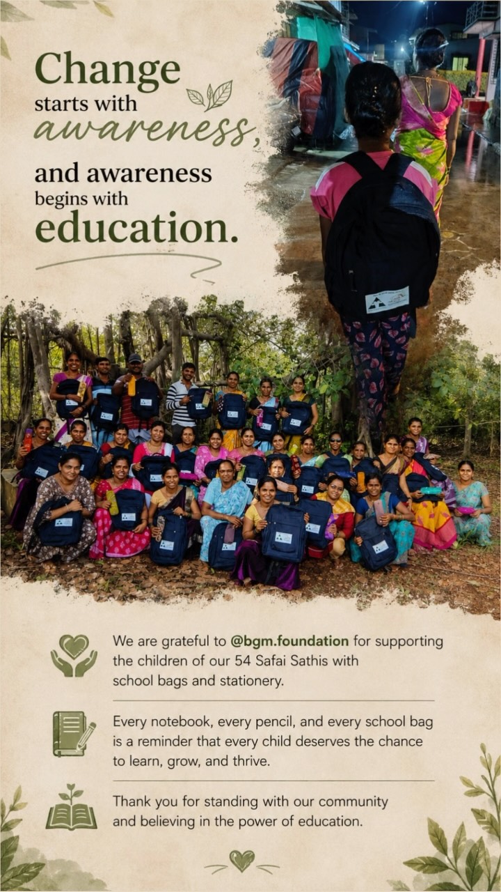 Change starts with awareness, and awareness begins with education.
We are grateful to @bgm.foundation for supporting the children of our 54 Safai Sathis with school bags and stationery.
Every notebook, every pencil, and every school bag is more than a gift—it’s an investment in a child’s future and a reminder that every child deserves the opportunity to learn, grow, and dream.
Thank you for believing in our community and helping create brighter futures through education.