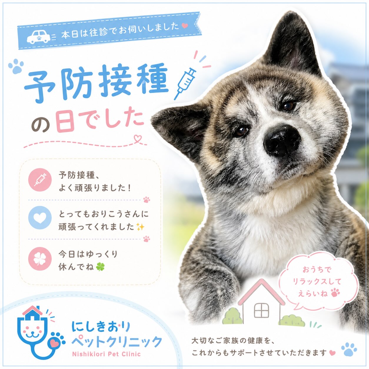 🐶💉 今日はおうちで予防接種の日でした🏠
本日は往診でご自宅へお伺いし、予防接種を行いました😊
とってもおりこうさんに頑張ってくれました🐾✨
予防接種のあとは、無理をせずゆっくり過ごしてあげてください🍀
住み慣れたおうちで診察を受けられる往診は、ペットにとってもご家族にとっても安心できる環境です🏡
スワイプして、予防接種後のおうちでの過ごし方や、往診の魅力もぜひご覧ください👉
💬 「往診ではどんなことができるの?」
そんな疑問がありましたら、お気軽にコメントやDMでご相談ください😊
🐾 にしきおりペットクリニック
大切なご家族の健康を、心をこめてサポートいたします。
#にしきおりペットクリニック
#往診専門動物病院
#狂犬病予防接種
#フィラリア
#秋田犬