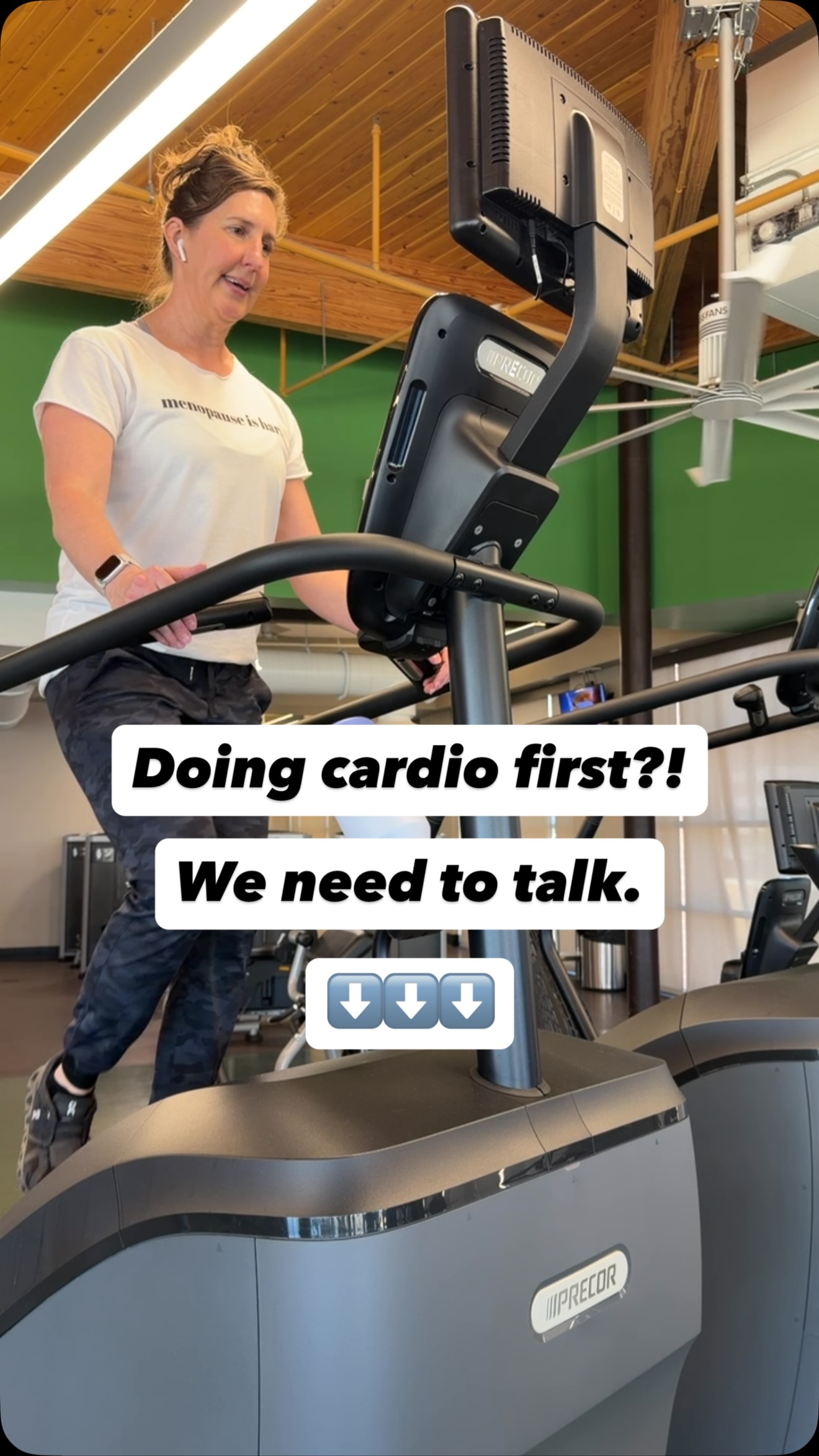 Should you do cardio before or after lifting?
If your goal is to build muscle, improve body composition, or support a healthy metabolism during perimenopause or menopause...
👉 Lift first. Cardio second.
Here’s why:
💪 You’ll get more out of your strength workout. Your muscles and nervous system are fresh, so you’ll lift heavier, move better, and get more from every rep and set.
🦴 Prioritize what matters most. As estrogen declines, we naturally lose muscle unless we give our body a reason to keep it. Strength training is one of the best ways to preserve muscle, support bone health, and maintain your metabolism during midlife.
❤️ It’s not cardio OR lifting. You need both. But if you’re squeezing everything into one workout, give your strength training your best energy first.
🚀 Recovery gets a boost. Finishing with 20–30 minutes of low-to-moderate intensity cardio (think walking, cycling, or the StairMaster) can increase blood flow and make for a great cooldown.
🔥 Your cardio may be more effective. After strength training, you’ve already used a good portion of your muscle glycogen, so your body relies more on fat to fuel lower-to-moderate intensity cardio.
Now... if you’re training for a marathon or your biggest goal is endurance, flip the order. Train for the goal you have.
For most women in perimenopause and menopause, though?
🏋️ Lift first.
🚶 Then finish with 20–30 minutes of walking, cycling, or another moderate-intensity cardio session if time allows.
Your future self will thank you.
Do you usually head straight to the weights...or hop on the StairMaster first?