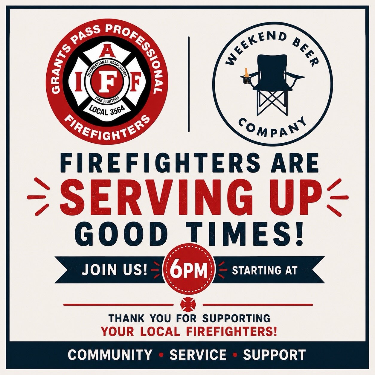 ๐ป IAFF Local 3654 is teaming up with Weekend Beer Company for a great cause on Friday (7/10)!
Stop by and grab a beer while Grants Pass Firefighters step behind the bar to pour and serve your favorite brews. A portion of sales received during the event will go directly toward supporting Grants Pass residents through community assistance efforts.
Come enjoy a cold drink, meet your local firefighters, and help make a difference right here in our community. We hope to see you there!
#IAFF3654 #GrantsPass #CommunityStrong #WeekendBeerCompany #SupportLocal