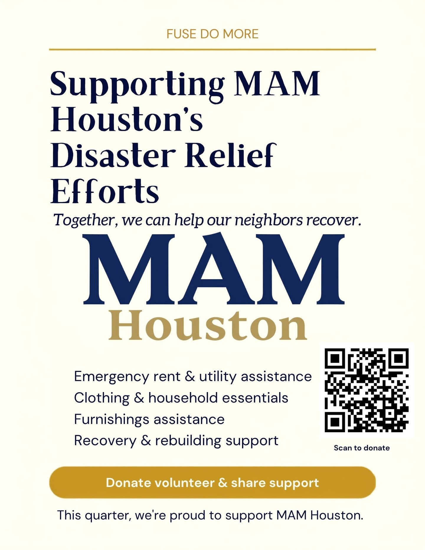 🌧️ Hurricane season is here, and our FUSE DO MORE initiative is supporting MAM Houston's Disaster Relief Fund.
Every donation helps local families impacted by hurricanes and other disasters get the resources they need to recover.
Stop by the front desk or scan the QR code on our flyer to learn more. Together, we can do more. 💙
#FUSEWorkspace #FUSEHouston #FUSEDoMore #HoustonStrong #GiveBack #HurricaneSeason #MAMHouston