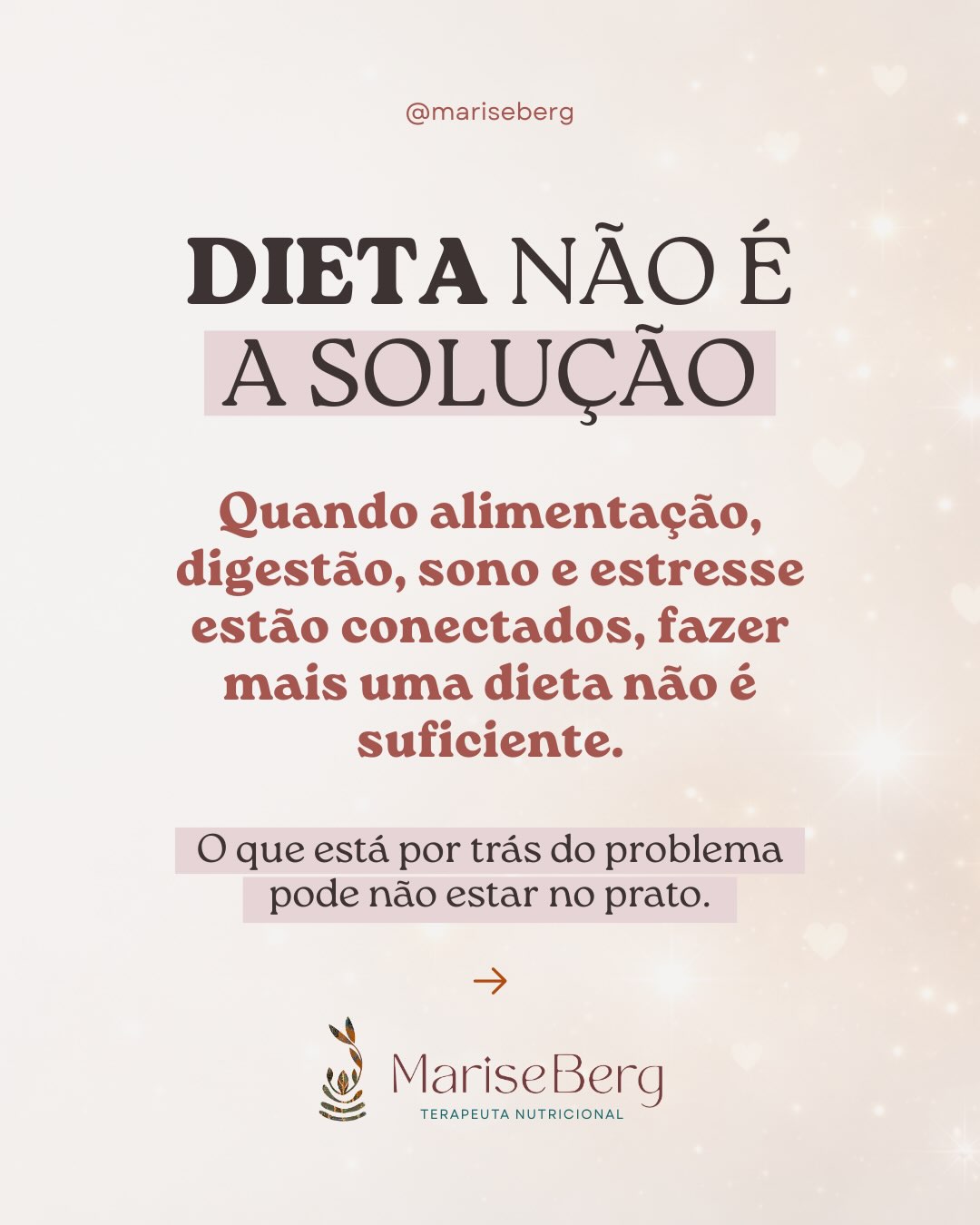 Há pessoas que chegam ao consultório acreditando que precisam de mais uma dieta.
Depois de conversar um pouco, percebemos que a alimentação era apenas a ponta do iceberg.
Quando sono, estresse, digestão, rotina e emoções caminham em direções diferentes, o corpo responde. E insistir apenas em controlar o que vai ao prato costuma gerar mais culpa do que transformação.
Foi por isso que, ao longo dos anos, meu trabalho deixou de ser centrado na prescrição de dietas e passou a investigar o que sustenta — ou impede — uma relação mais saudável com a comida e com o próprio corpo.
Se você sente que já tentou de tudo e continua vivendo entre recomeços, talvez esteja na hora de olhar para a causa, e não apenas para os sintomas.
🌿 Se esse cuidado faz sentido para você, envie uma mensagem pelo WhatsApp. Será um prazer conversar sobre como funciona o acompanhamento nutricional terapêutico.