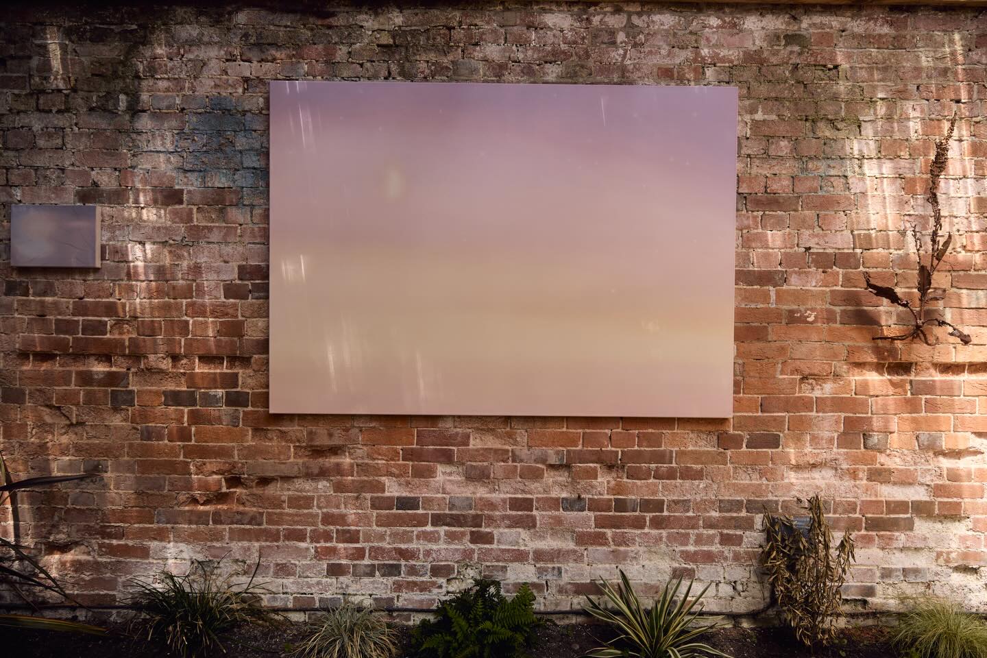 Callum Harvey
‘Untitled (Moon)’
Oil on canvas
135 x 190 cm
2026
&
‘Flare’
Oil on canvas
35 x 25 cm
2025
Found in the palm house, tucked away. Captured by Zuzia Zawada.
For more information, get in touch at info@vongoetz.uk
Callum Harvey works from his Super 8 film footage of skies at dusk, where colour abandons outline and atmosphere becomes ground. Harvey’s paintings inhabit the cyclical logic of natural systems.
Hazy greens and pinks of evening shift gradually into indigo and violet.
Harvey’s engagement with film theory, particularly through Erika Balsom’s writing on the oceanic image, situates his work within a broader understanding of “smooth space”. If the sea, in Balsom’s account, becomes a surface through which time is registered and transformed, Harvey’s skies operate similarly.
The idea of an unbounded field where distinctions dissolve into intensities was very much put to us by Deleuze and Guattari. In Deleuze’s view, art ruptures extensive or everyday perception because it draws attention to singular ‘intensities’ (such as the vibrancy of a colour).
Materially for Harvey this is achieved through the accumulation of thin, translucent layers of oil paint. Each layer functions as a veil and a window, interacting with those beneath it to produce a subtle, internal luminosity.