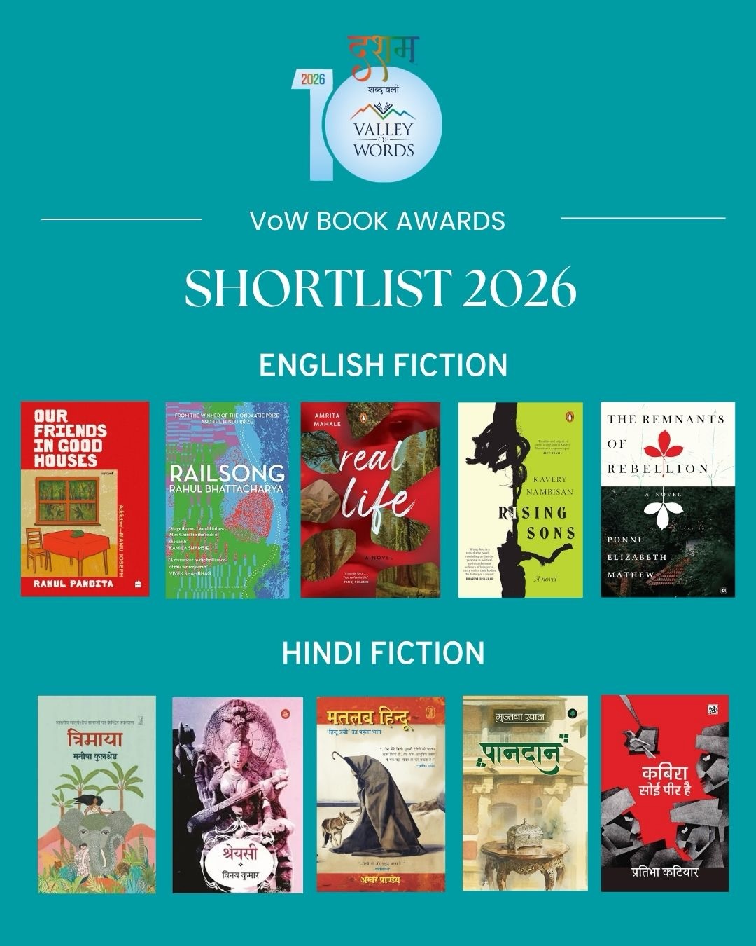 📚✨ Stories that cross landscapes, generations, and inner worlds.
The REC-VoW Book Awards 2026 English and Hindi Fiction Shortlists bring together ten distinct works that explore relationships, identity, belonging, memory, and the complexities of contemporary life.
Across English and Hindi, these shortlisted works offer distinctive voices and compelling narratives that reflect the many ways fiction can imagine, question, and illuminate the world around us.
📖 English Fiction Shortlist
📘 Our Friends In Good Houses - Rahul Pandita (@harpercollinsin )
📘 RailSong - Rahul Bhattacharya (@bloomsburyindia )
📘 Real Life - Amrita Mahale (@penguinindia )
📘 Rising Sons - Kavery Nambisan (@penguinindia )
📘 The Remnants of Rebellion - Ponnu Elizabeth Mathew (@alephbookco )
📖 हिंदी फिक्शन चयन सूची
📕 त्रिमाया - मनीषा कुलश्रेष्ठ (@vaniprakashanbooks )
📕 श्रेयसी - विनय कुमार (@rajkamalbooks )
📕 मतलब हिन्दू - अम्बर पाण्डेय (@vaniprakashanbooks )
📕 पानदान - मुज्तबा खान (@unboundscript )
📕 कबिरा सोई पीर है - प्रतिभा कटियार (@lokbhartiprakashan )
Congratulations to all the shortlisted authors and publishers! 🌟
#VoWBookAwards2026 #VoWShortlist2026 #IndianFiction #HindiFiction #ValleyOfWords