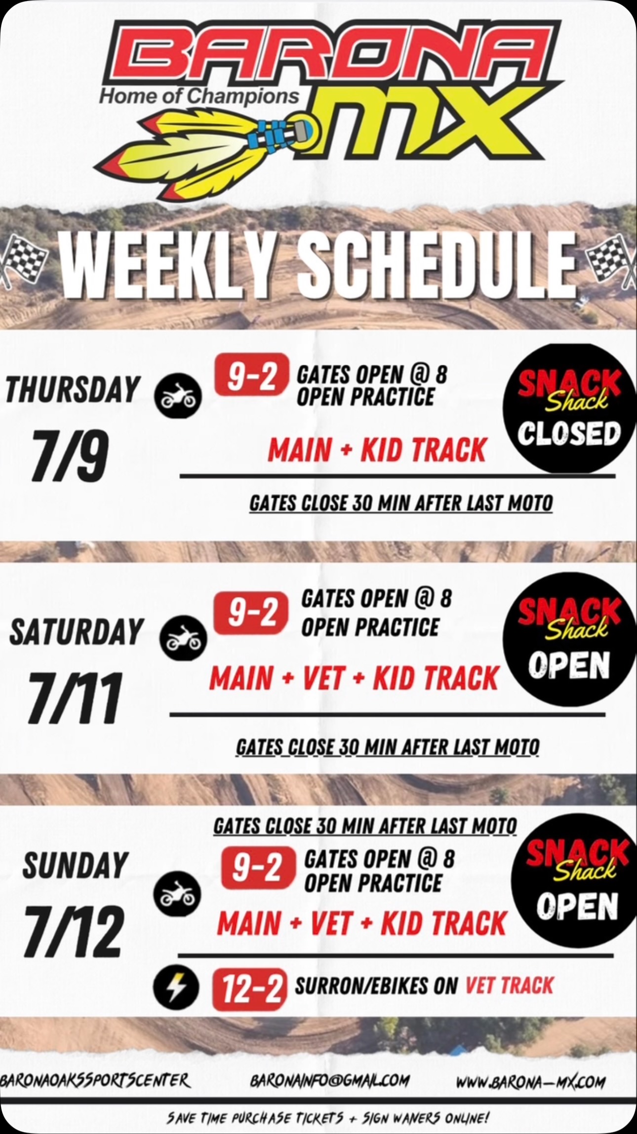 🏁 THIS WEEK AT BARONA MX! 🏁
Who’s ready to twist the throttle? 🔥 The track is prepped, watered, and waiting for you!
📅 Thursday (7/9)
🏍 Open Practice | 9 AM – 2 PM
🚪 Gates Open: 8 AM
🏁 Main + Kid Track
🚫 Snack Shack Closed
📅 Saturday (7/11)
🏍 Open Practice | 9 AM – 2 PM
🚪 Gates Open: 8 AM
🏁 Main + Vet + Kid Track
🍔 Snack Shack Open
📅 Sunday (7/12)
🏍 Open Practice | 9 AM – 2 PM
🚪 Gates Open: 8 AM
🏁 Main + Vet + Kid Track
⚡ SurRon & E-Bikes: 12 PM – 2 PM on the Vet Track
🍔 Snack Shack Open
💥 Bring your friends, load up the bikes, and spend the weekend riding one of Southern California’s favorite motocross tracks!
👇 Who’s coming this weekend? Tag your riding crew and let us know what day you’ll be out!
#BaronaOaksMX #Motocross #RideMore #MotoLife #dirtbiketrack