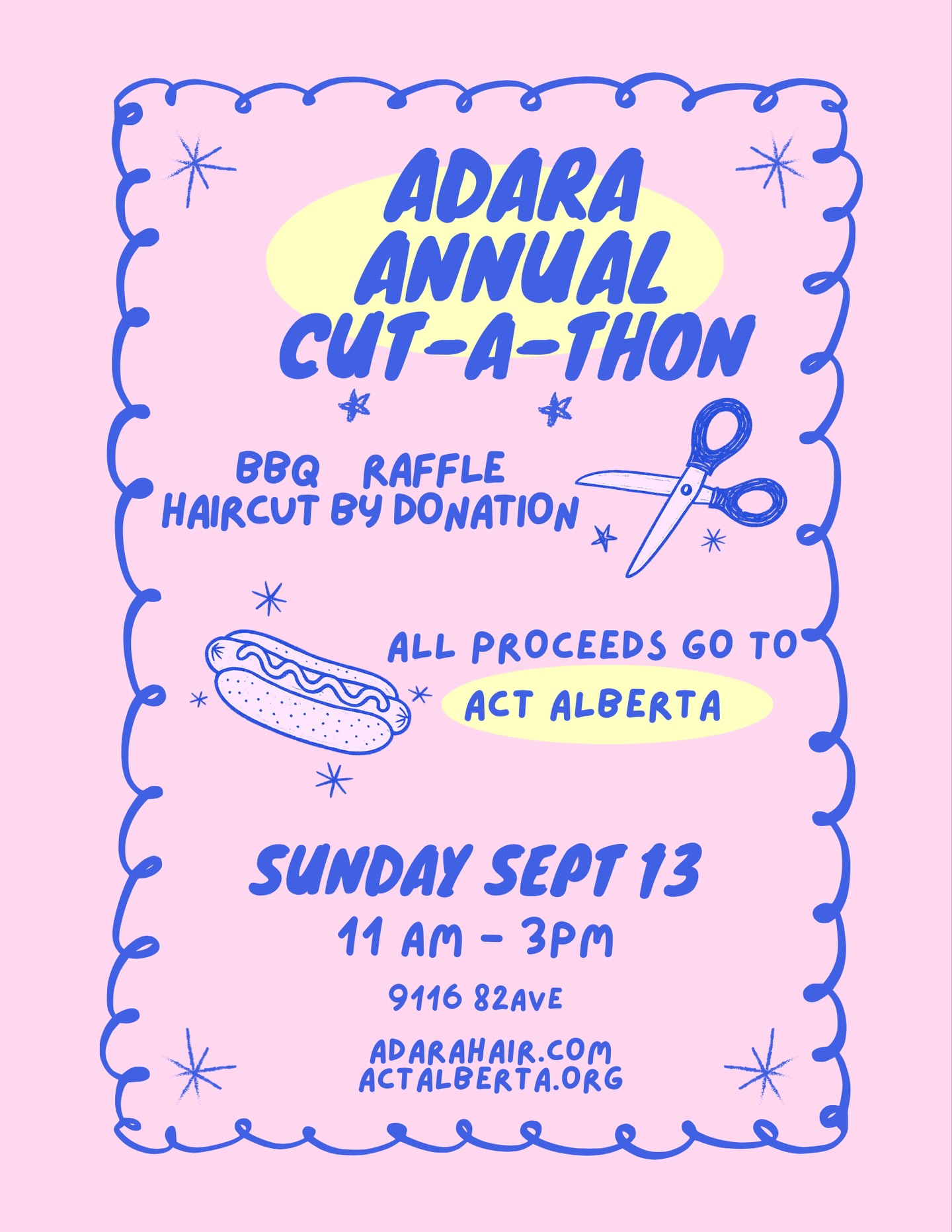 -ΛΛβAdaraβs annual cut-a-thon is backβΛΛΛ
Join us on September 13th from 11am-3pm for outdoor haircuts (by donation), bbq, and raffle prizes! Located at our 82nd ave location β
Every donation received goes directly to ACT Alberta, The Action Coalition on Human Trafficking (ACT) provides front-line services to victims and survivors of both labour and sex trafficking crimes that can affect women, men, 2SLGBTQQIA+ individuals, and children.
We would love to see your beautiful faces and are so honoured to continue to host this event β‘