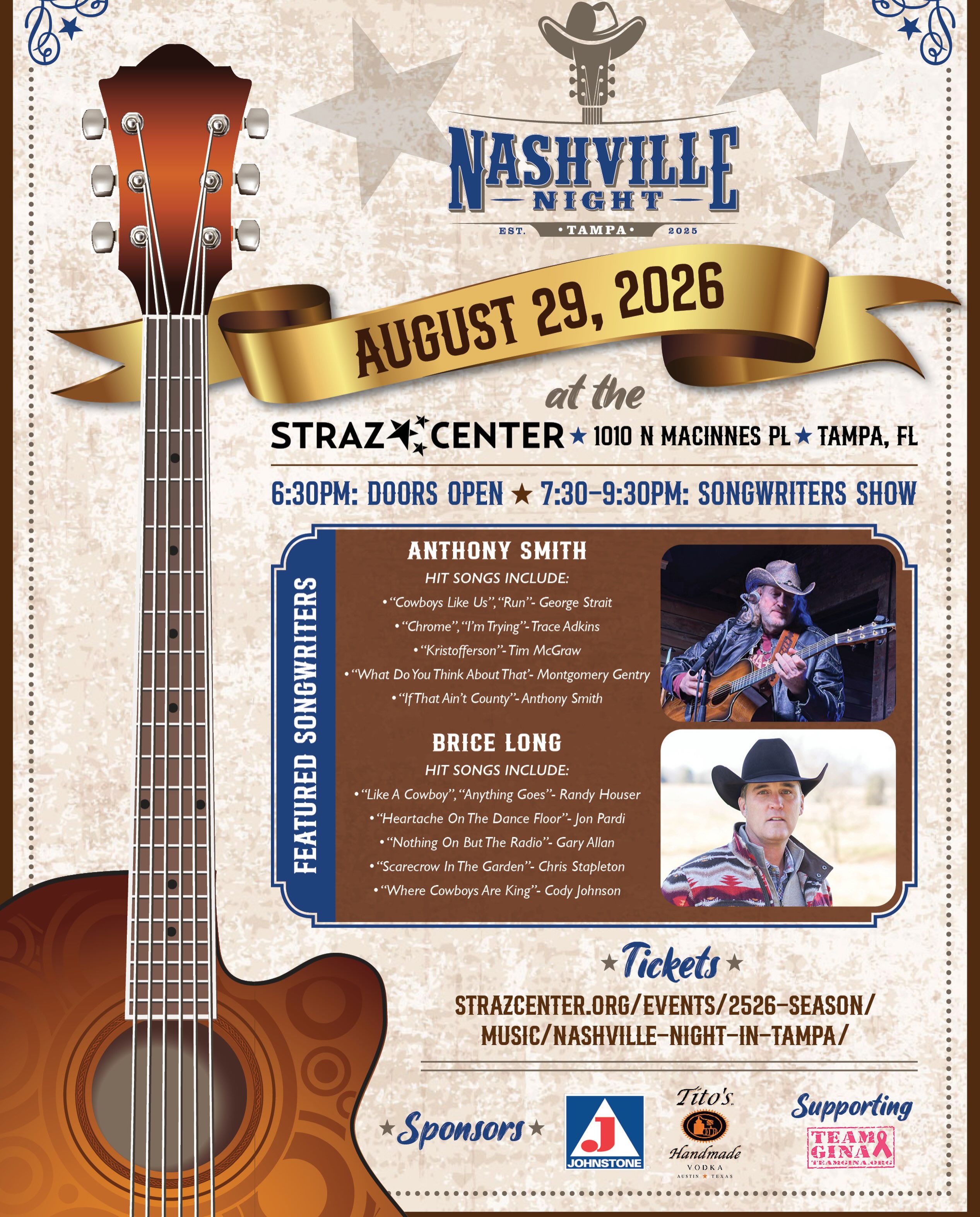TAMPA, we are coming to @strazcenter in August! What a show this is going to be! Come experience a unique and intimate songwriter show with two of Nashvilles best.
TICKETS go live Thursday July 16th at 12 Noon!
#tampa